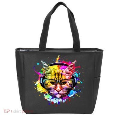 Rainbow Paint Hipster DJ Cat Tote Bag