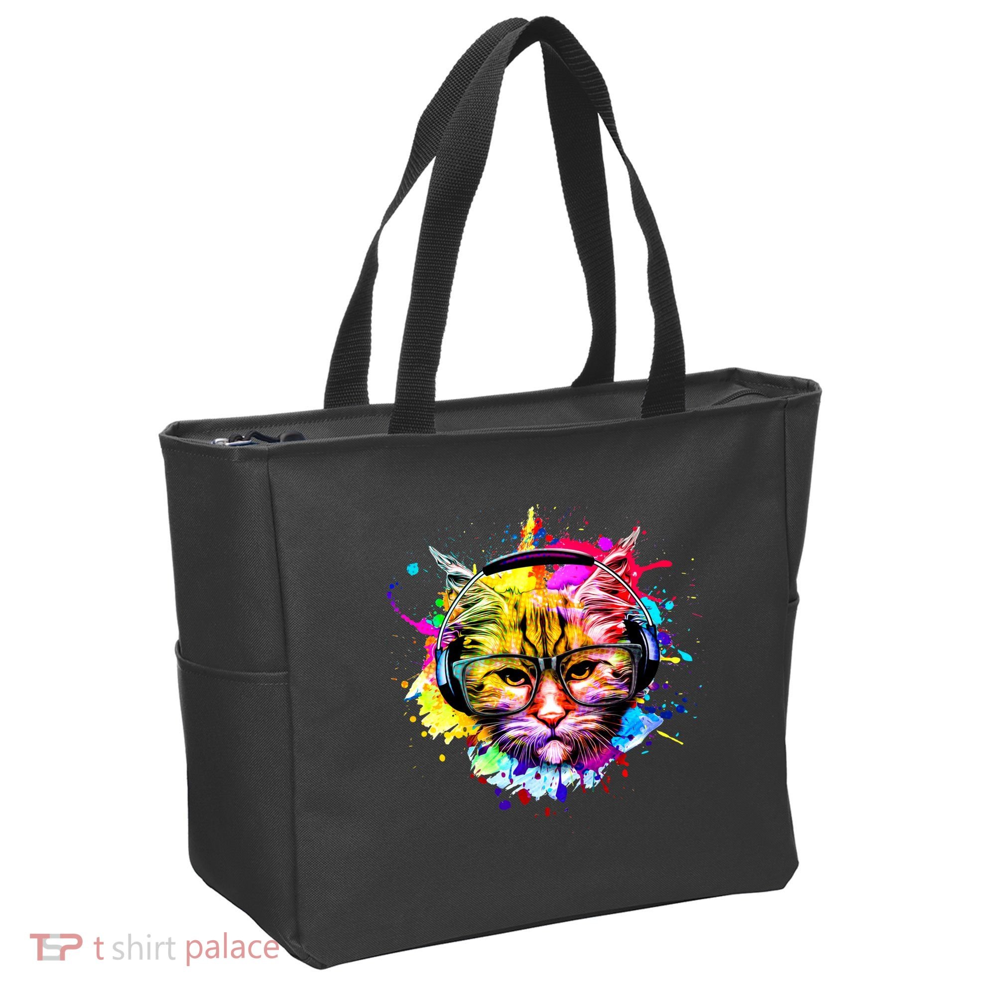 Rainbow Paint Hipster DJ Cat Tote Bag