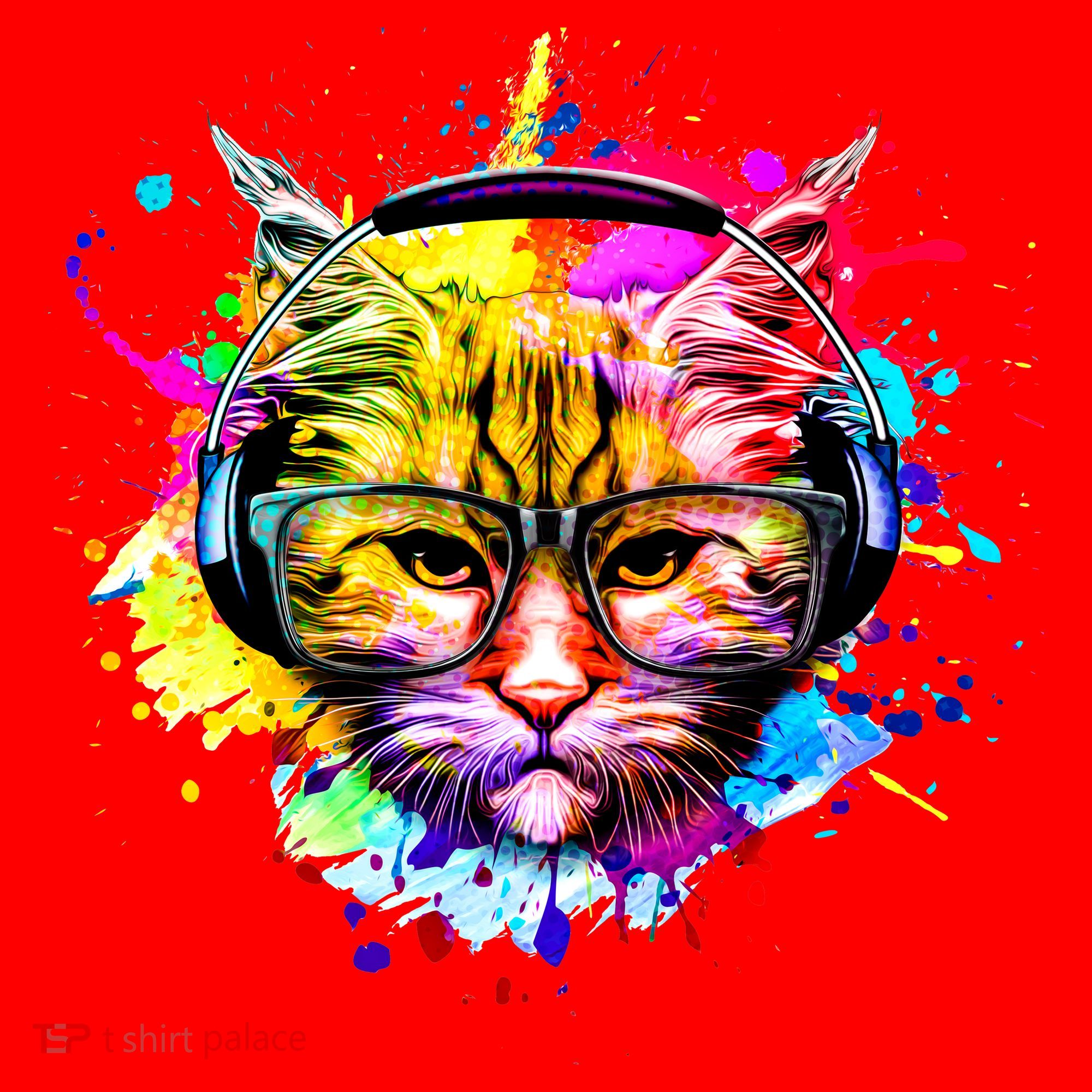 Rainbow Paint Hipster DJ Cat Santa Hat