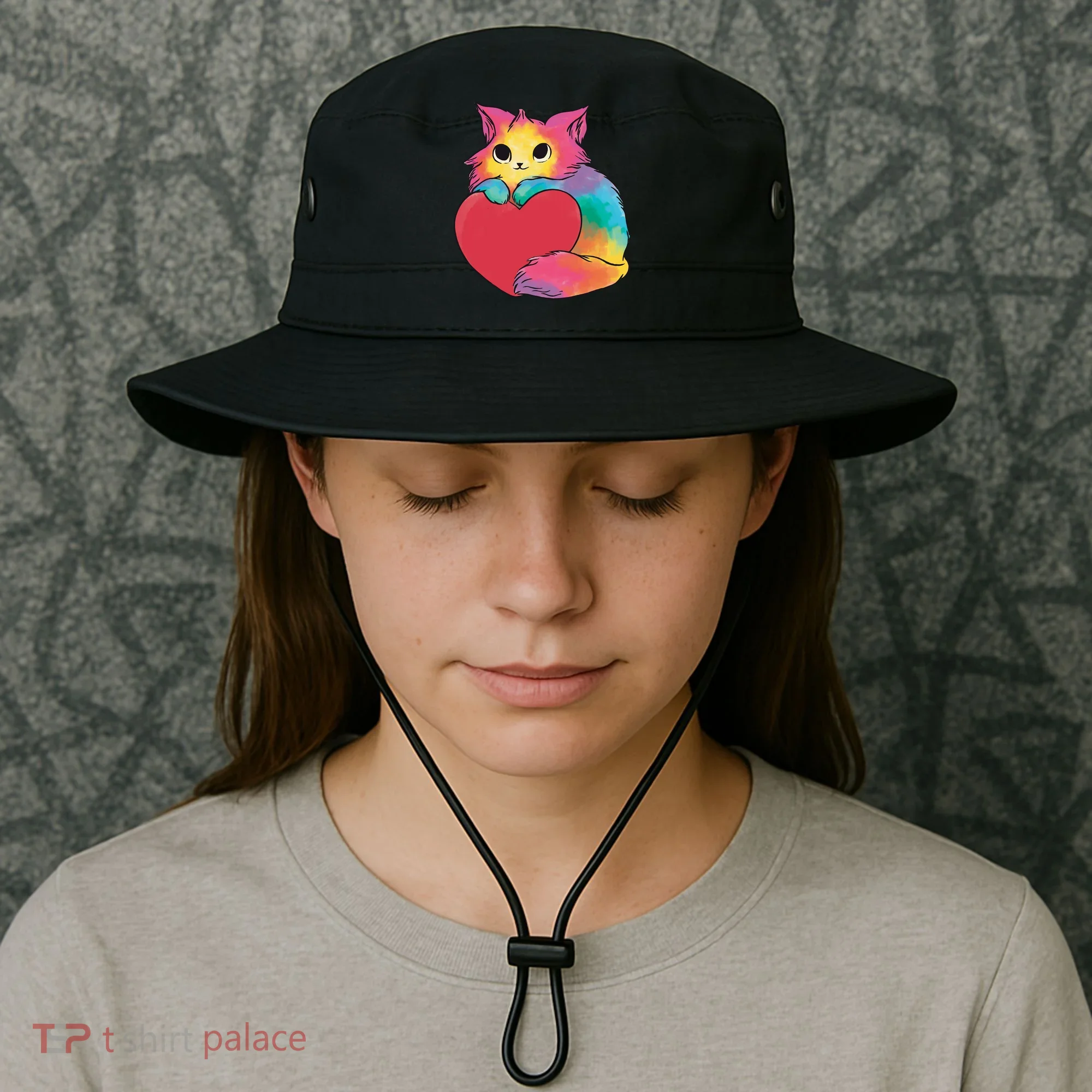 Rainbow Valentine Kitten Bucket Hat