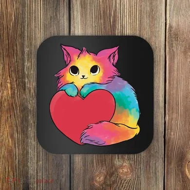 Rainbow Valentine Kitten Coaster