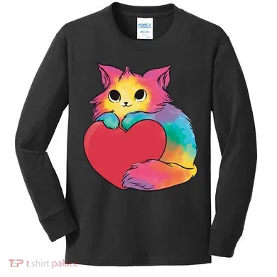 Rainbow Valentine Kitten Kids Long Sleeve Shirt