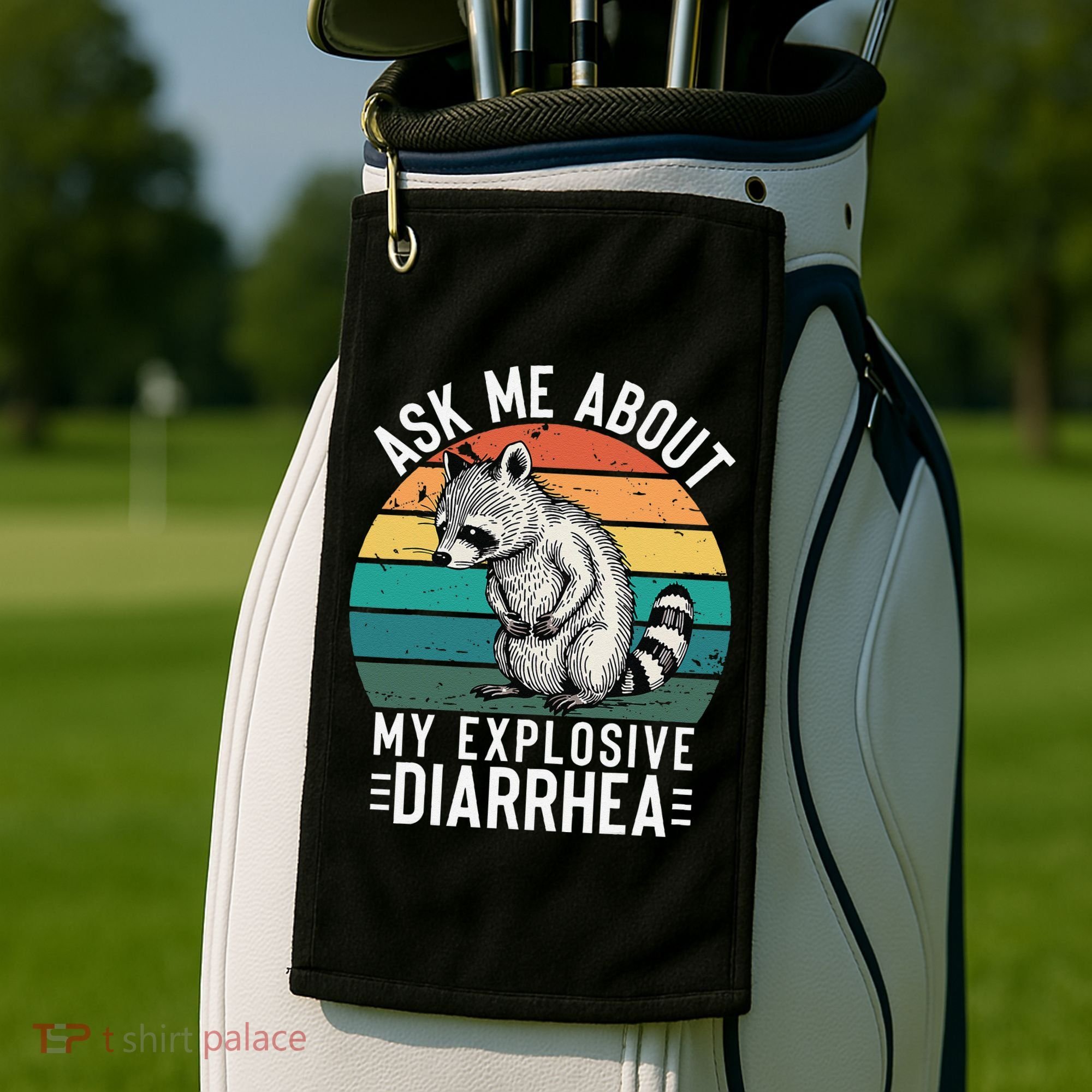 Retro Ask Me About My Explosive Diarrhea Funny Racoon Golf Towel