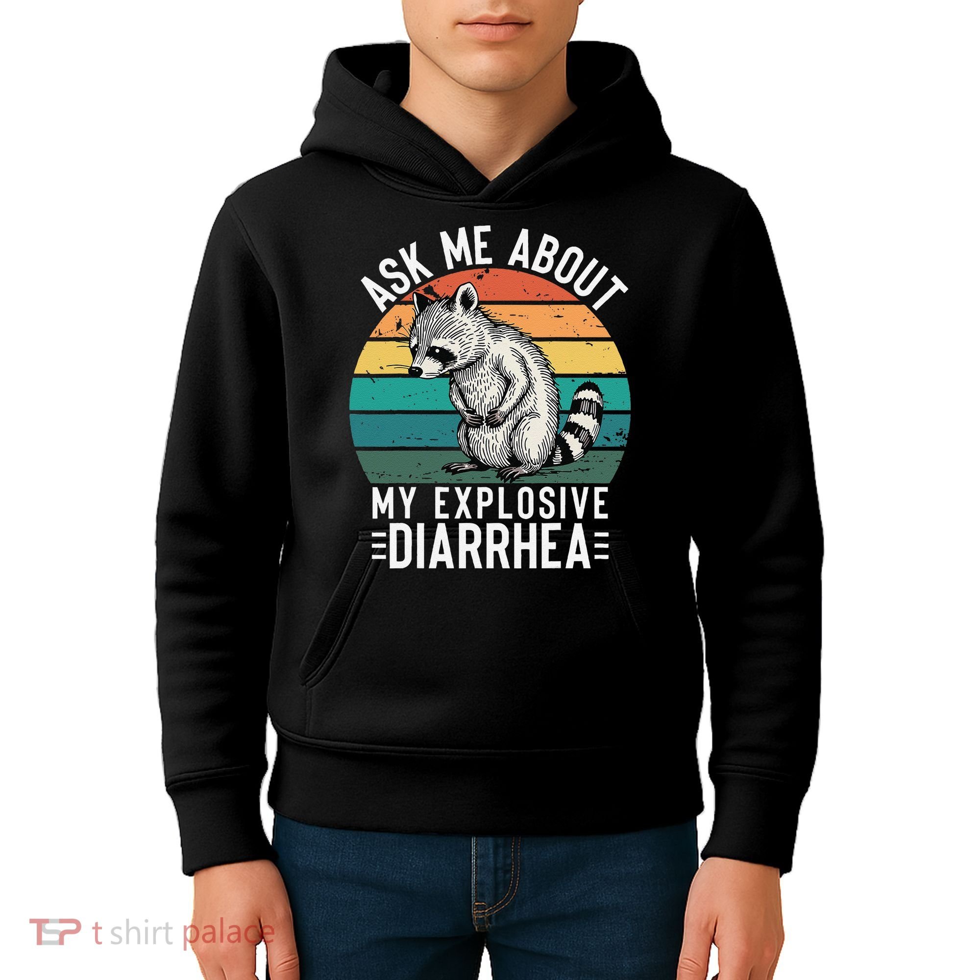 Retro Ask Me About My Explosive Diarrhea Funny Racoon Kids Hoodie