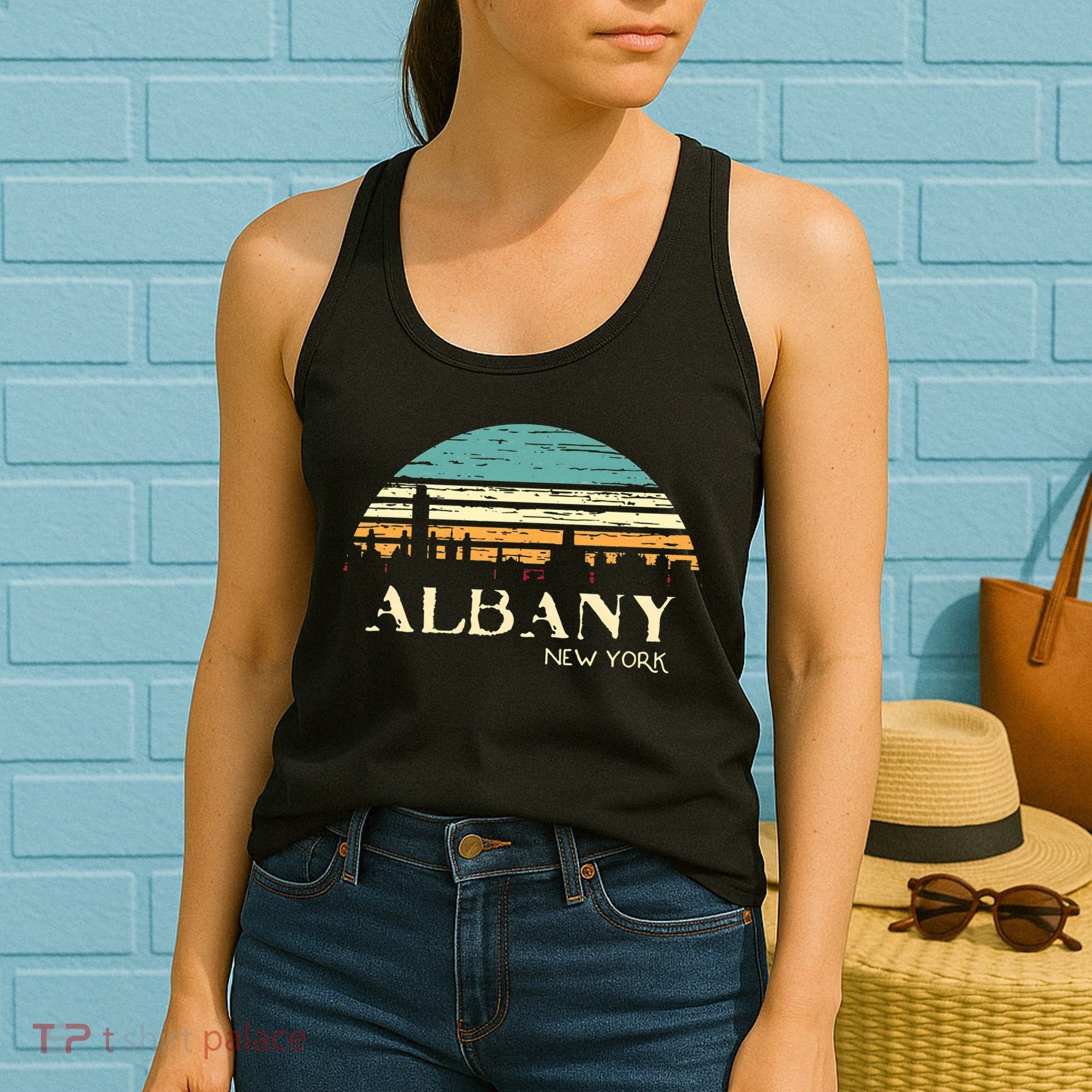 Retro Albany NY Skyline Sunset Silhouette New York Souvenir Women's Tank Top