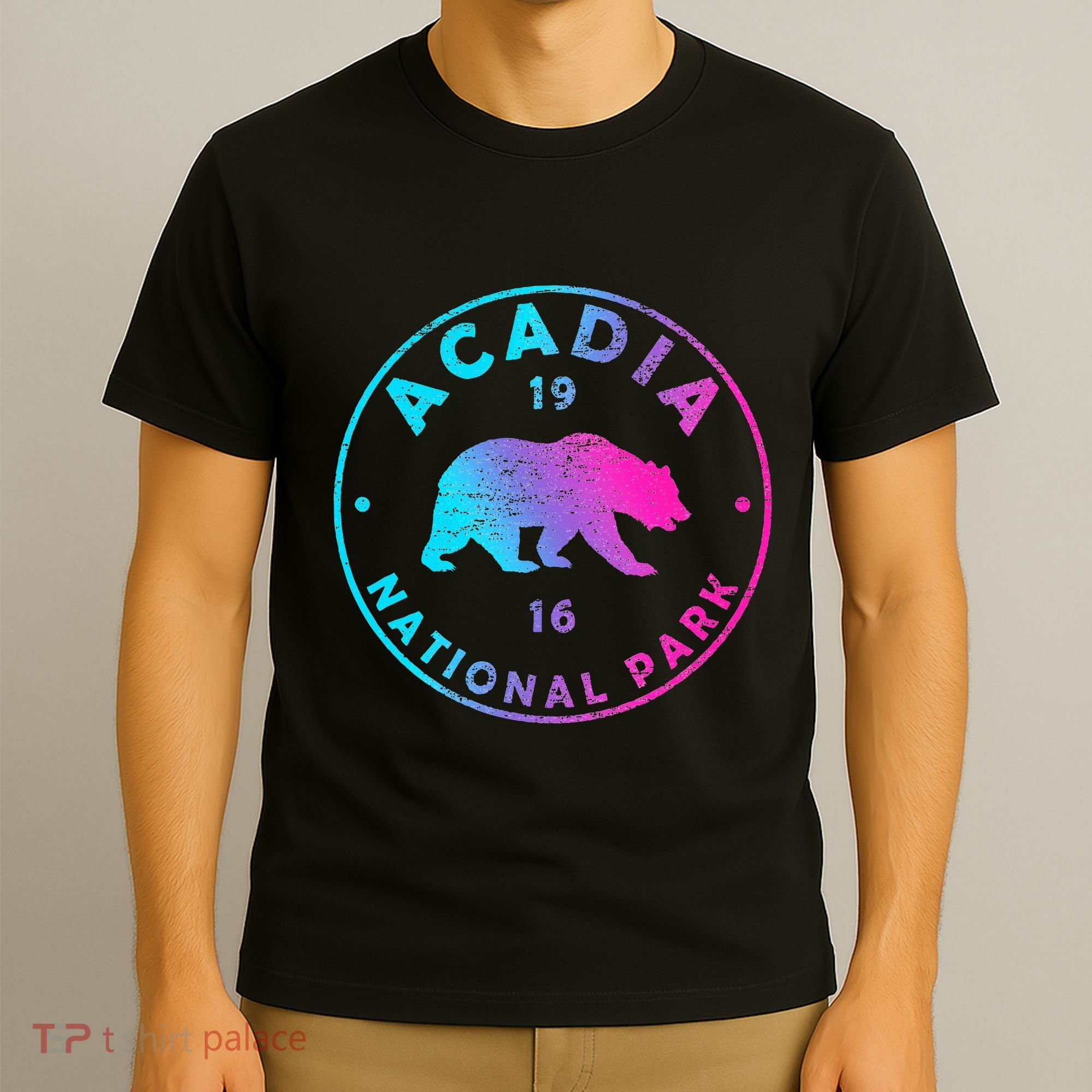Retro Acadia National Park Colorful Tie Dye Bear T-Shirt
