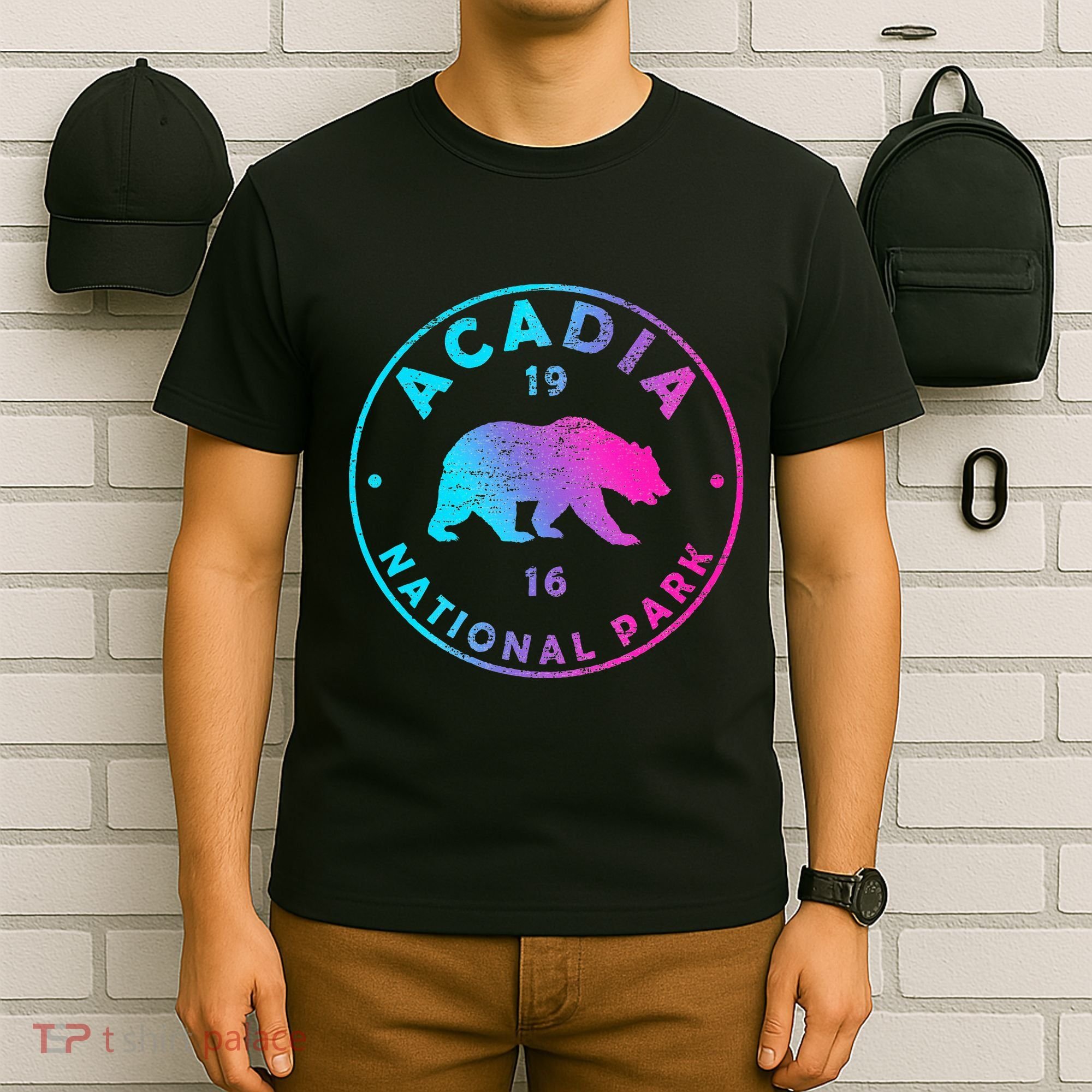 Retro Acadia National Park Colorful Tie Dye Bear T-Shirt