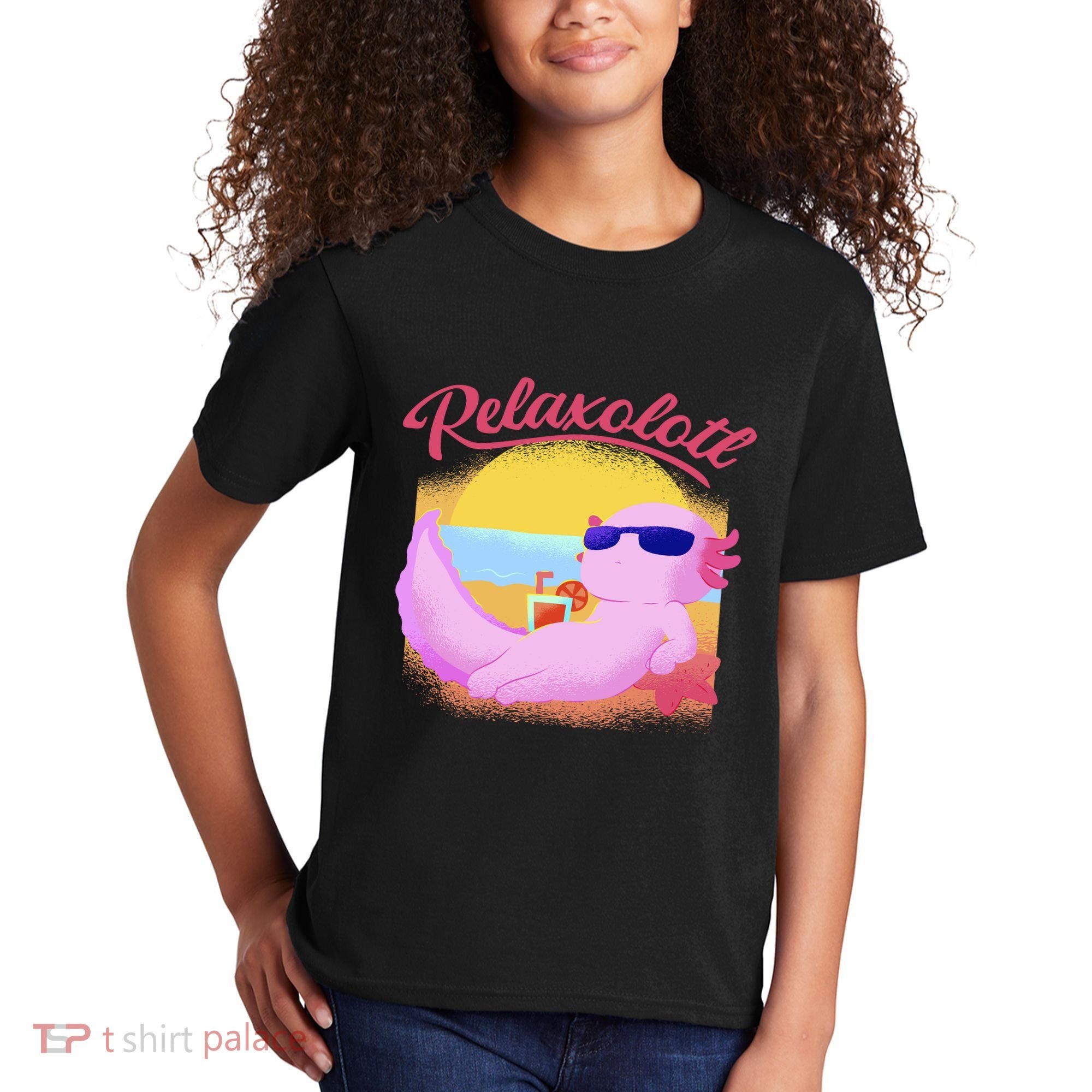 Relaxolotl Axolotl On Vacation Summer Beach Fun In The Sun Kids T-Shirt