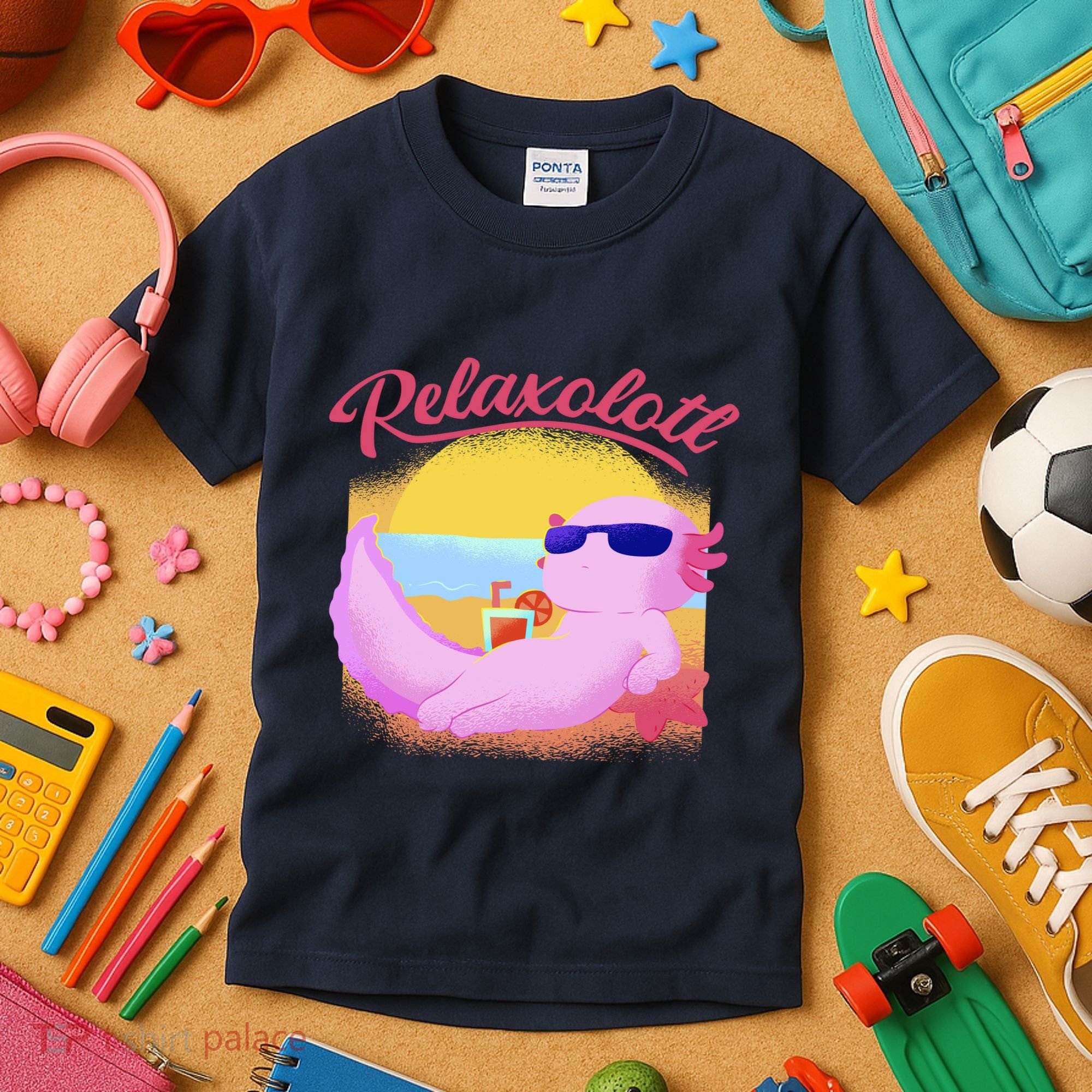 Relaxolotl Axolotl On Vacation Summer Beach Fun In The Sun Kids T-Shirt