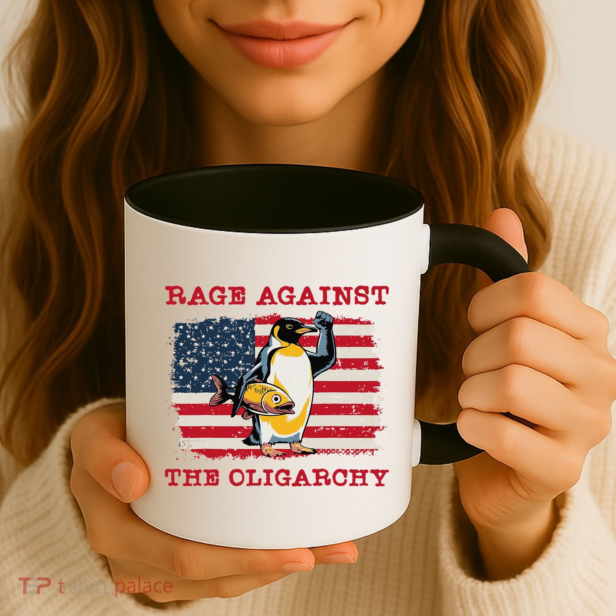 Rage Against Oligarchy Penguin Hands Off Fight Resist Coffee Mug