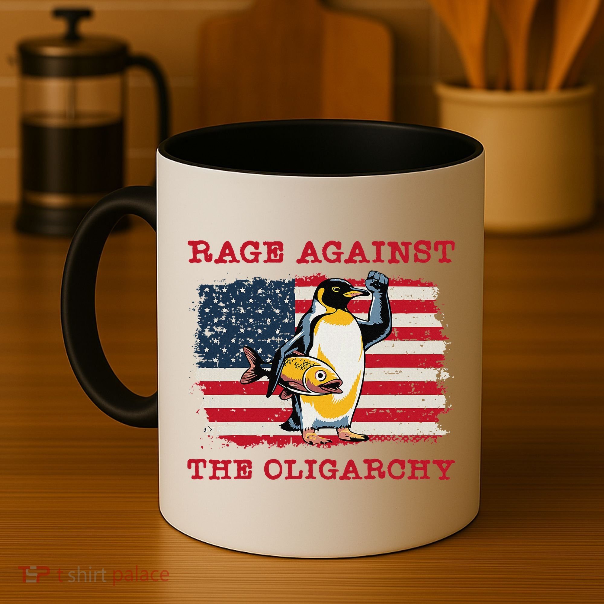 Rage Against Oligarchy Penguin Hands Off Fight Resist Coffee Mug