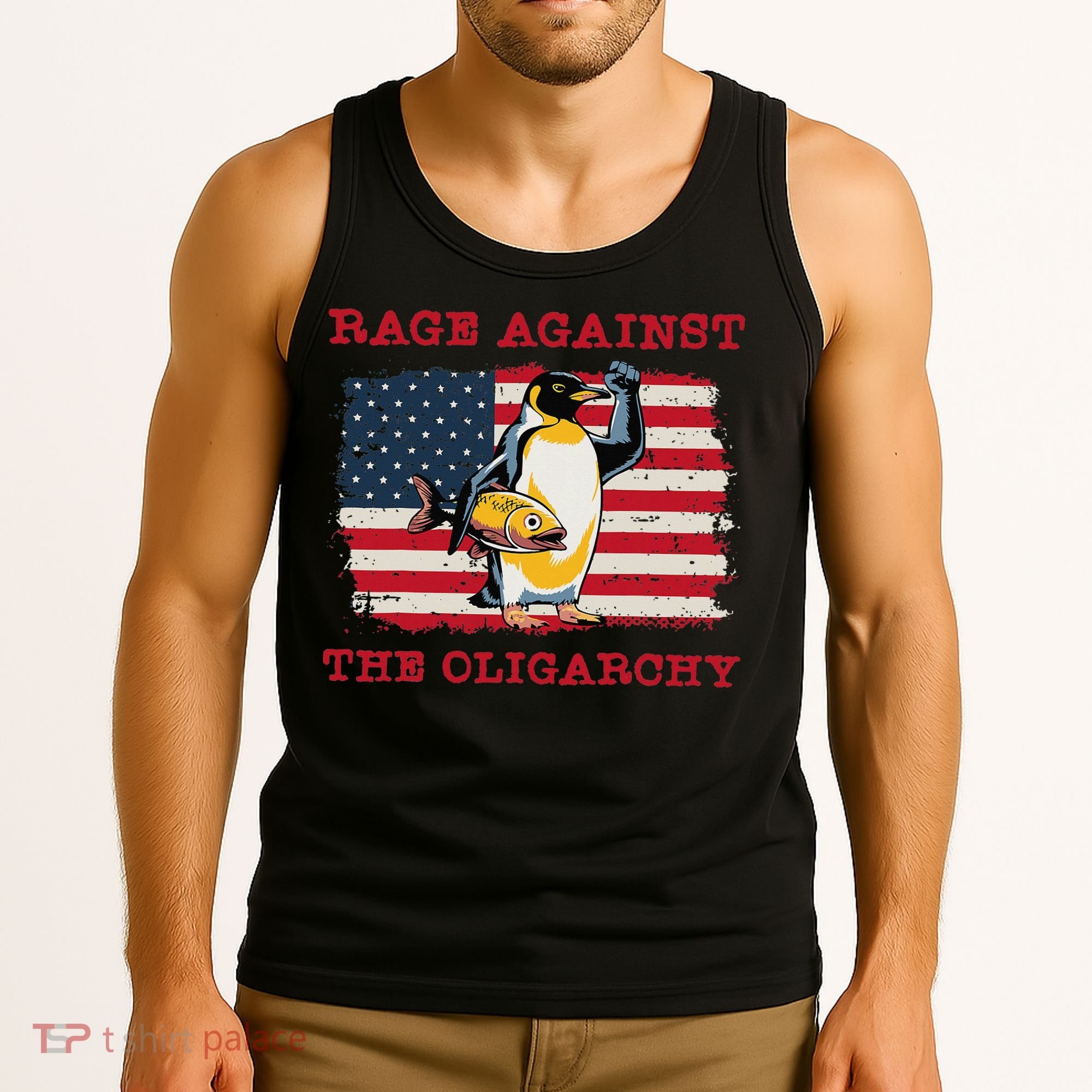 Rage Against Oligarchy Penguin Hands Off Fight Resist Tank Top