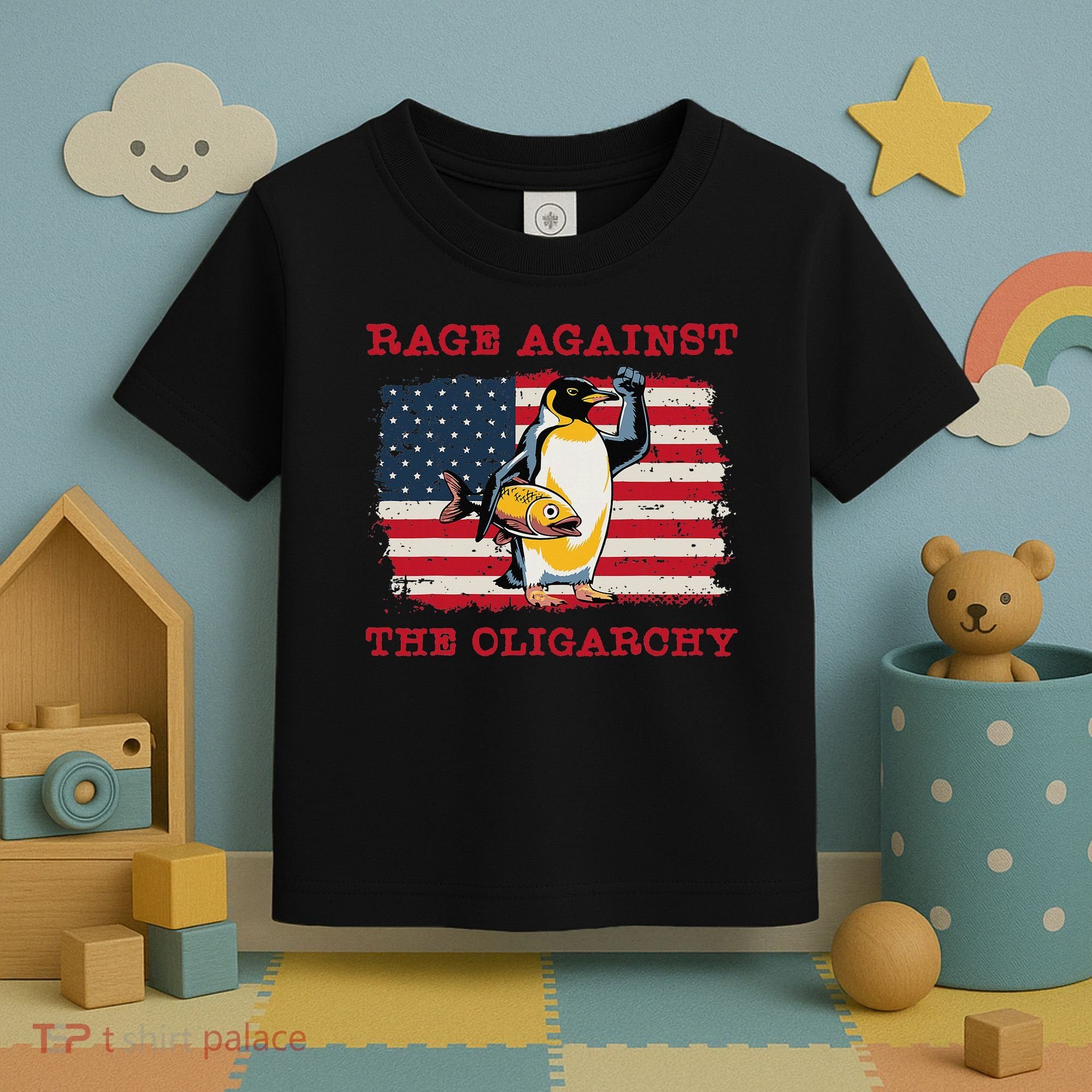 Rage Against Oligarchy Penguin Hands Off Fight Resist Toddler T-Shirt