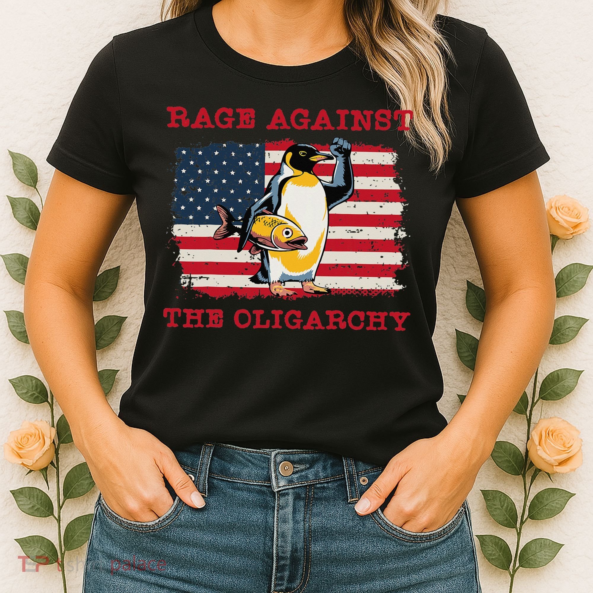 Rage Against Oligarchy Penguin Hands Off Fight Resist Women's T-Shirt