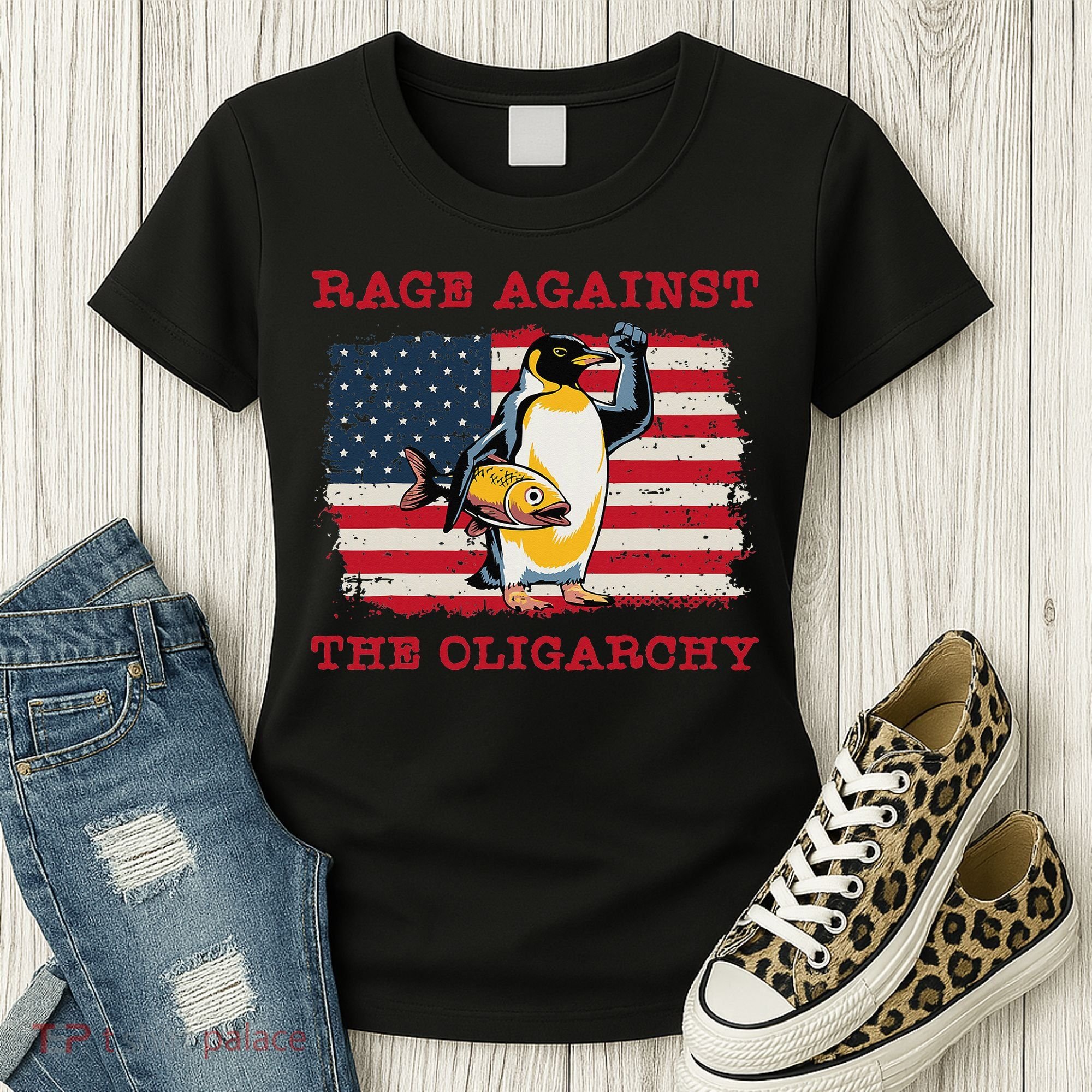 Rage Against Oligarchy Penguin Hands Off Fight Resist Women's T-Shirt