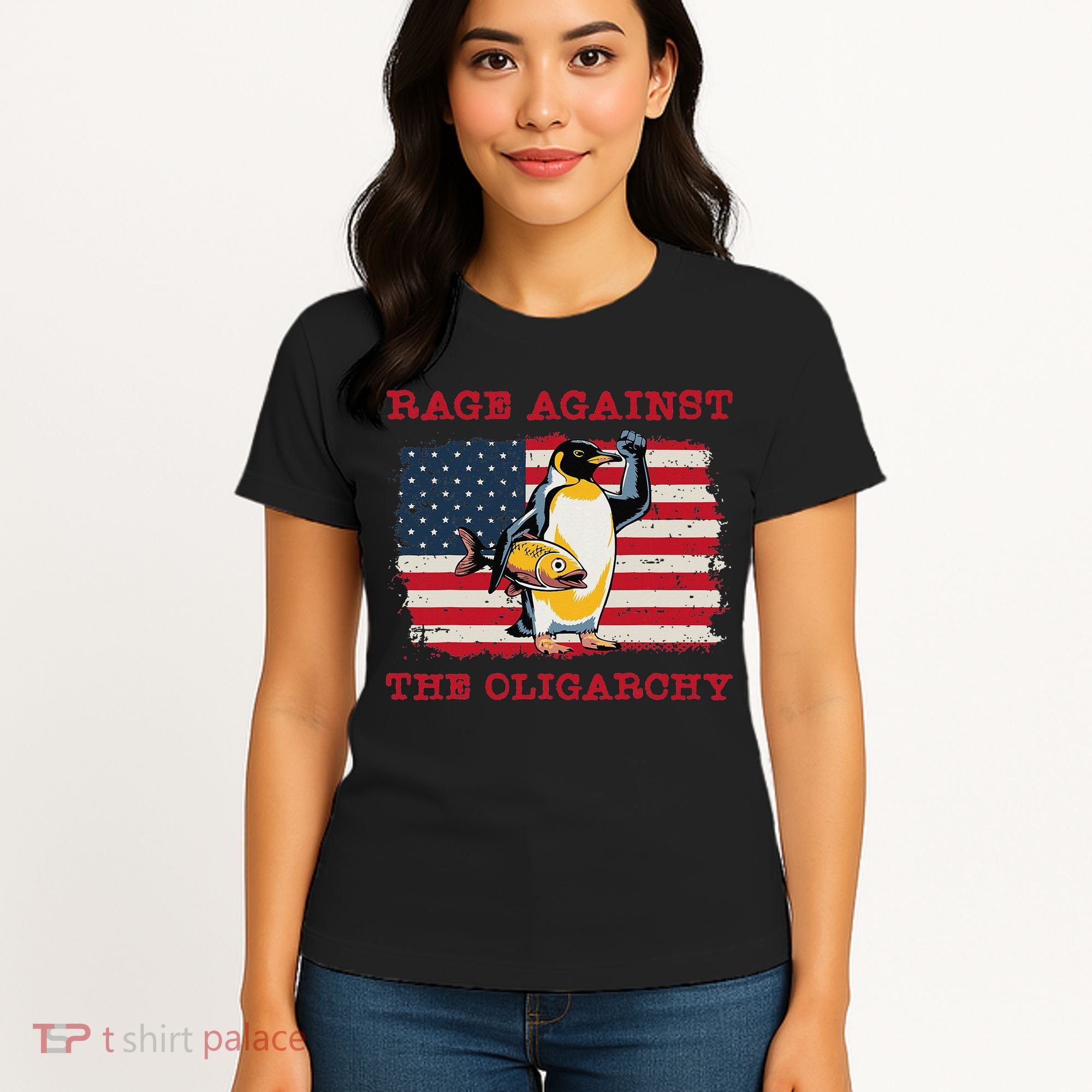 Rage Against Oligarchy Penguin Hands Off Fight Resist Women's T-Shirt