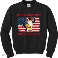 Rage Against Oligarchy Penguin Hands Off Fight Resist Kids Sweatshirt thumb 0