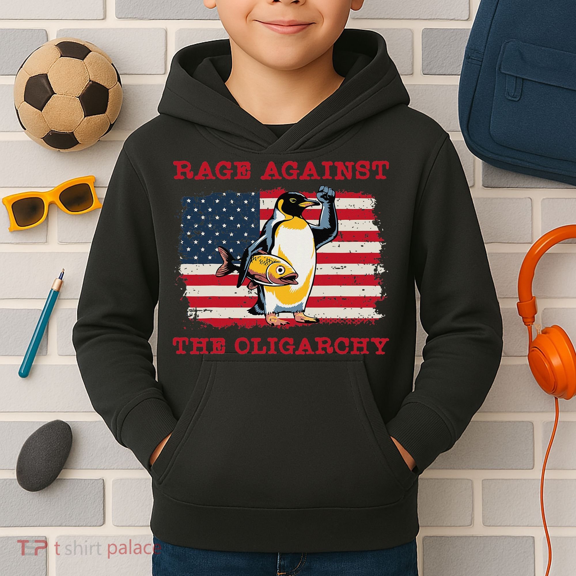 Rage Against Oligarchy Penguin Hands Off Fight Resist Kids Hoodie