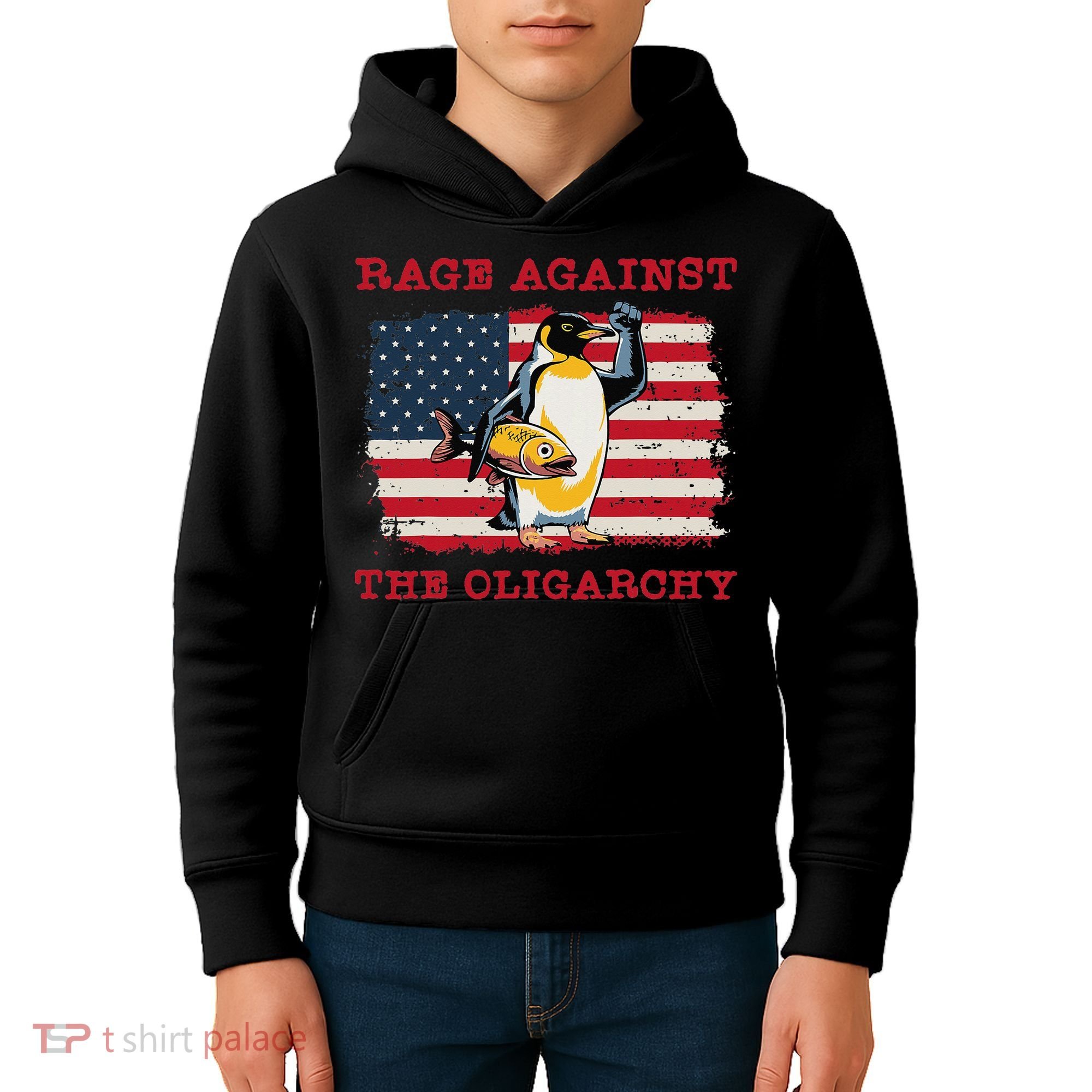 Rage Against Oligarchy Penguin Hands Off Fight Resist Kids Hoodie