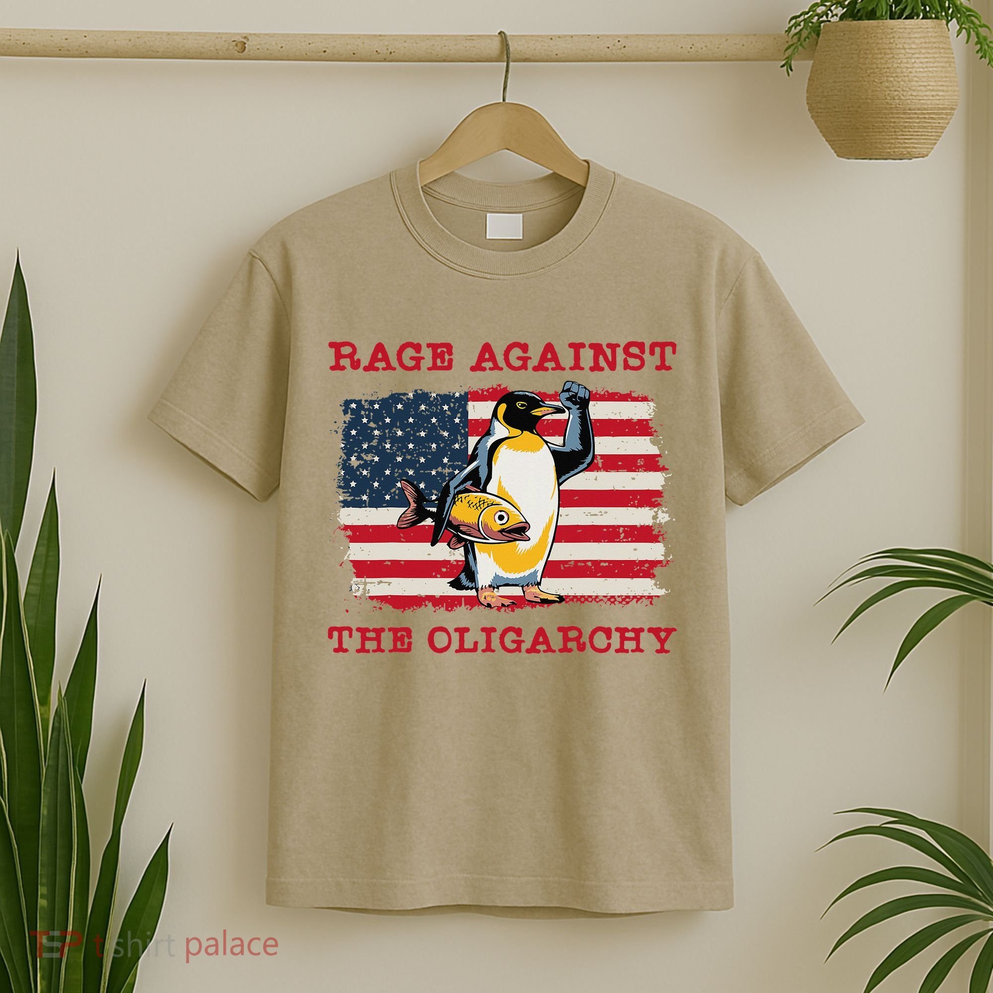 Rage Against Oligarchy Penguin Hands Off Fight Resist T-Shirt