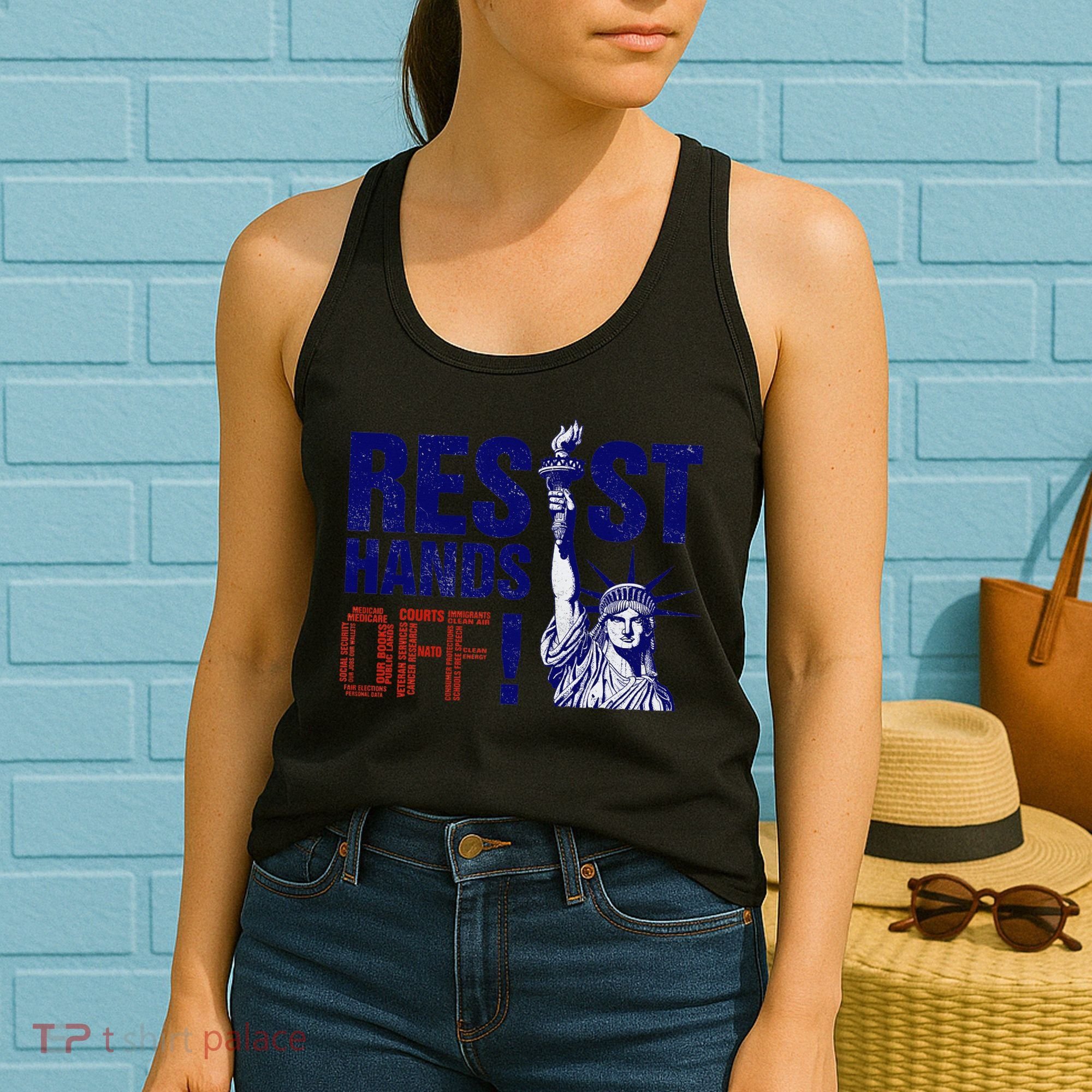 Resist And Protest Hands Off Statue Of Liberty Women's Tank Top