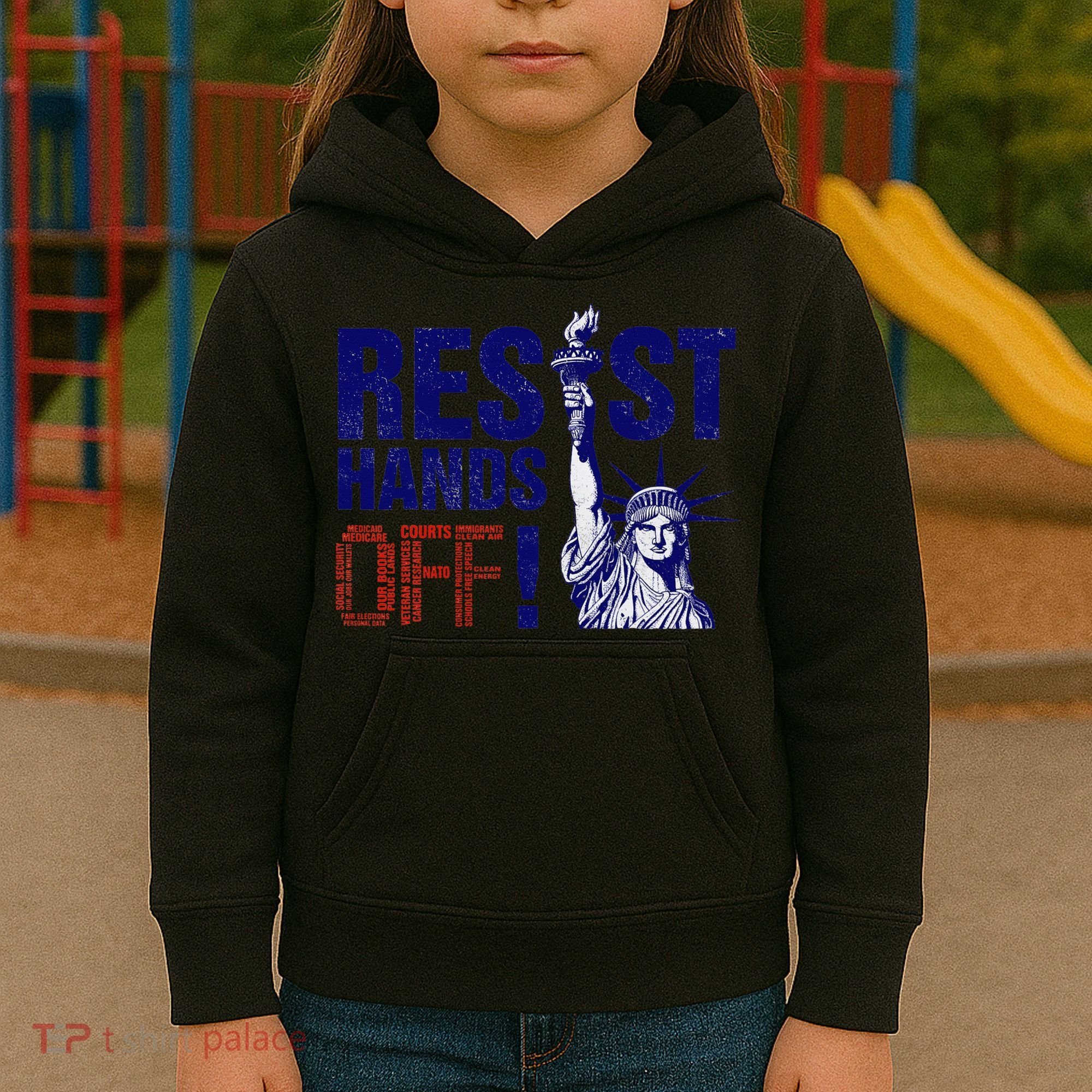 Resist And Protest Hands Off Statue Of Liberty Kids Hoodie