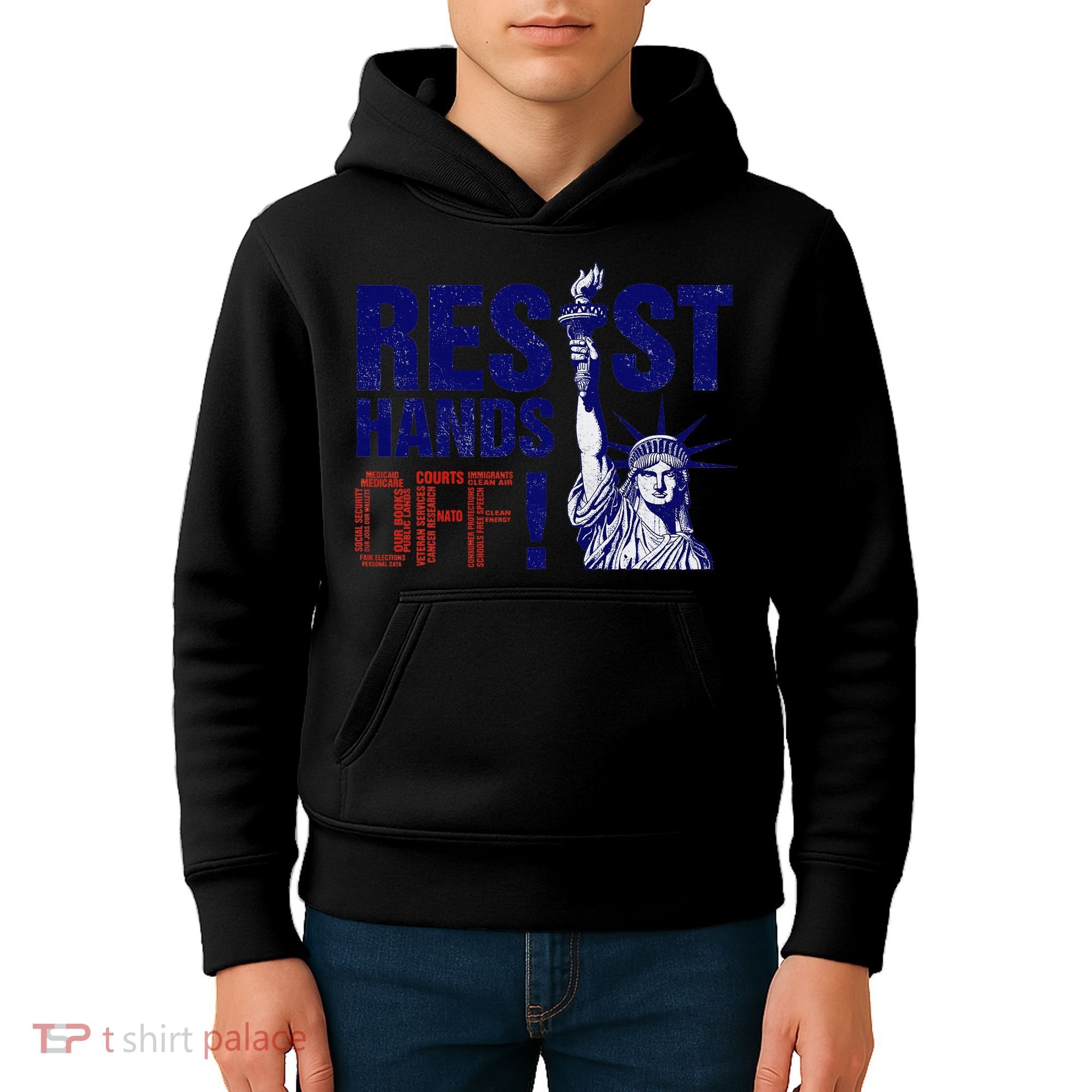 Resist And Protest Hands Off Statue Of Liberty Kids Hoodie