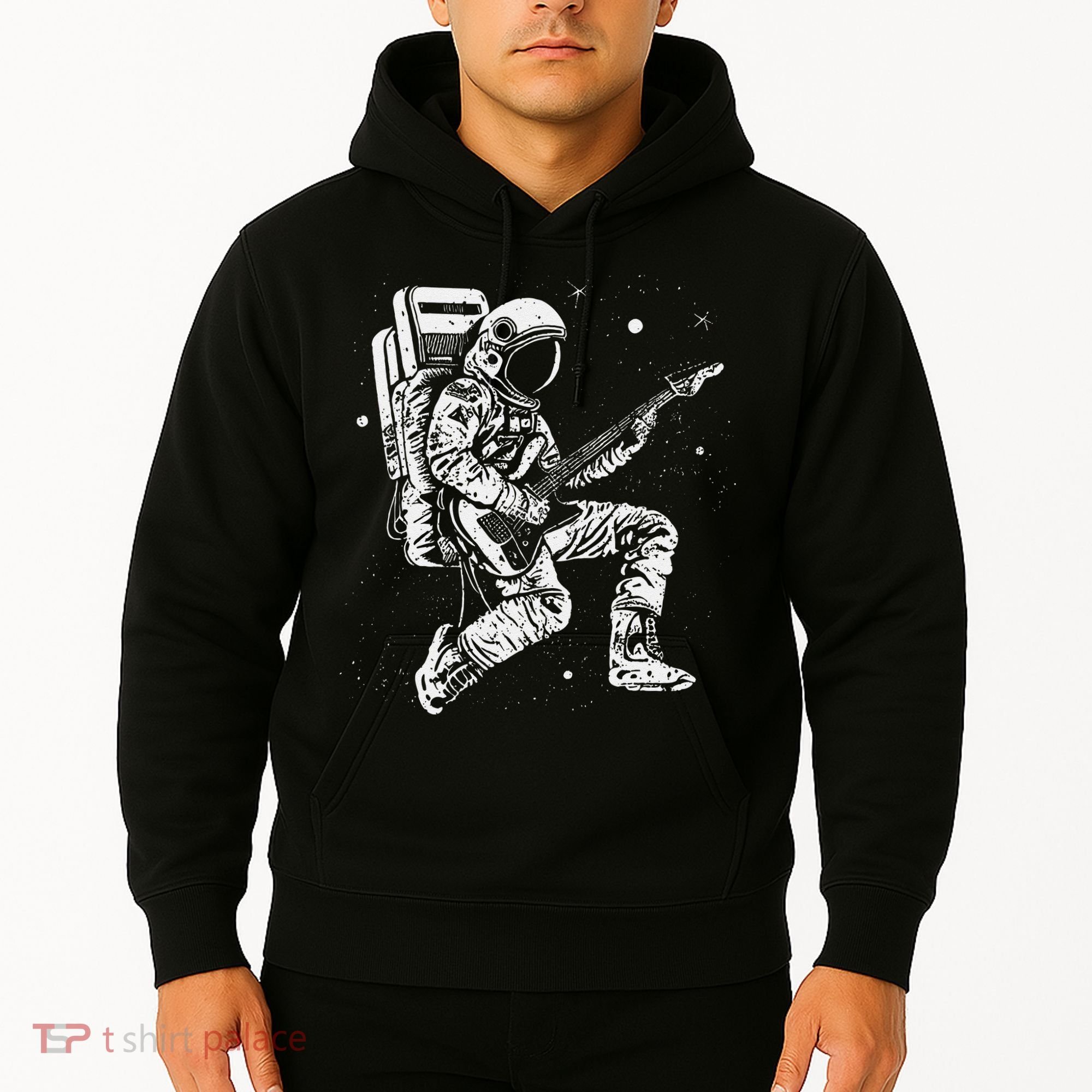 retro Astronaut playing electric guitar in space Hoodie