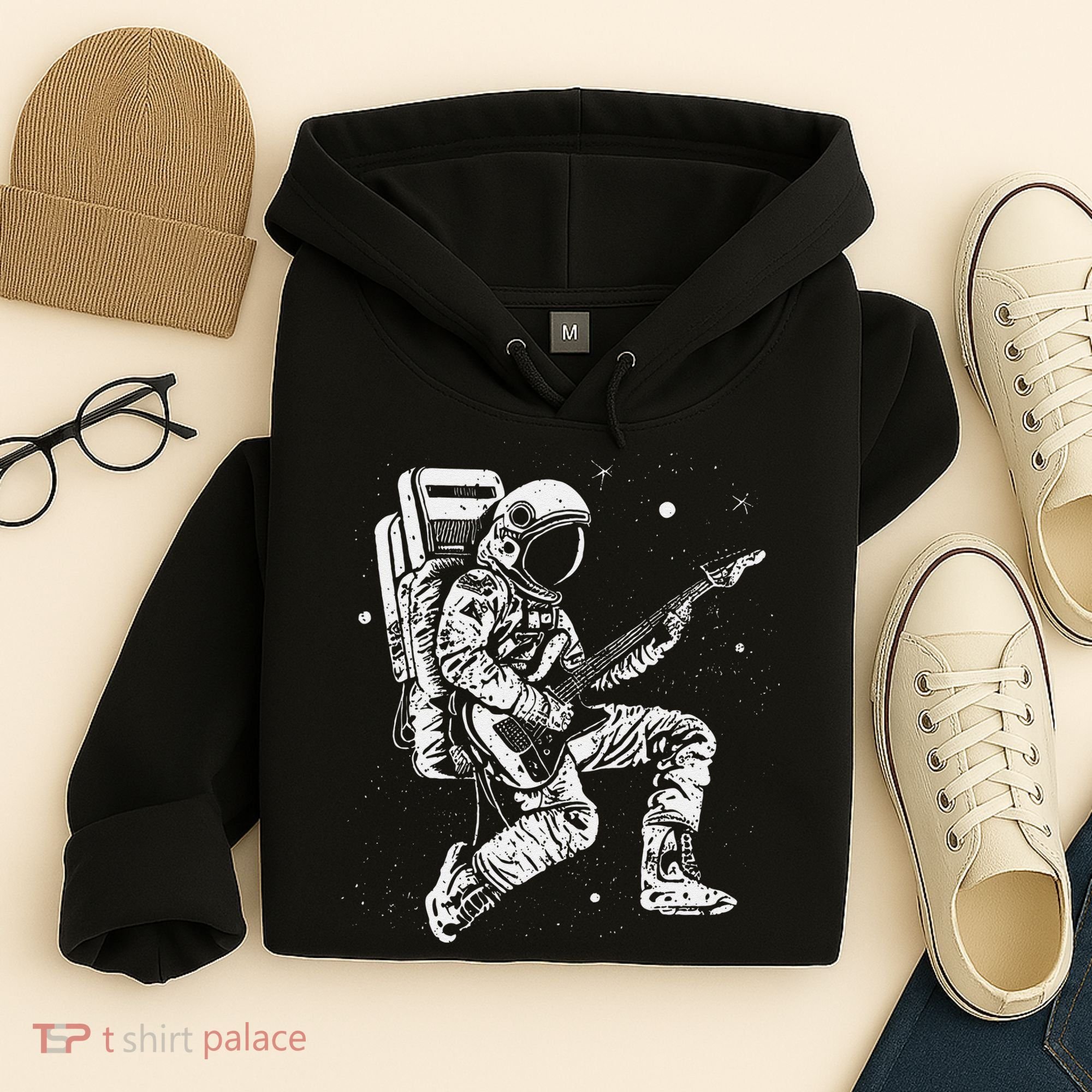 retro Astronaut playing electric guitar in space Hoodie