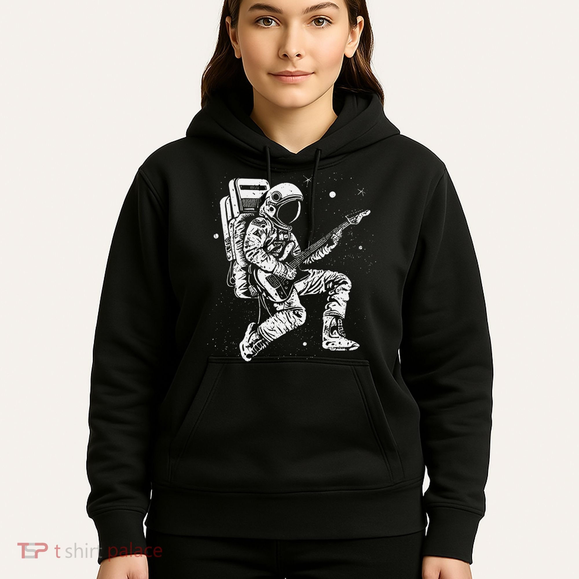retro Astronaut playing electric guitar in space Hoodie