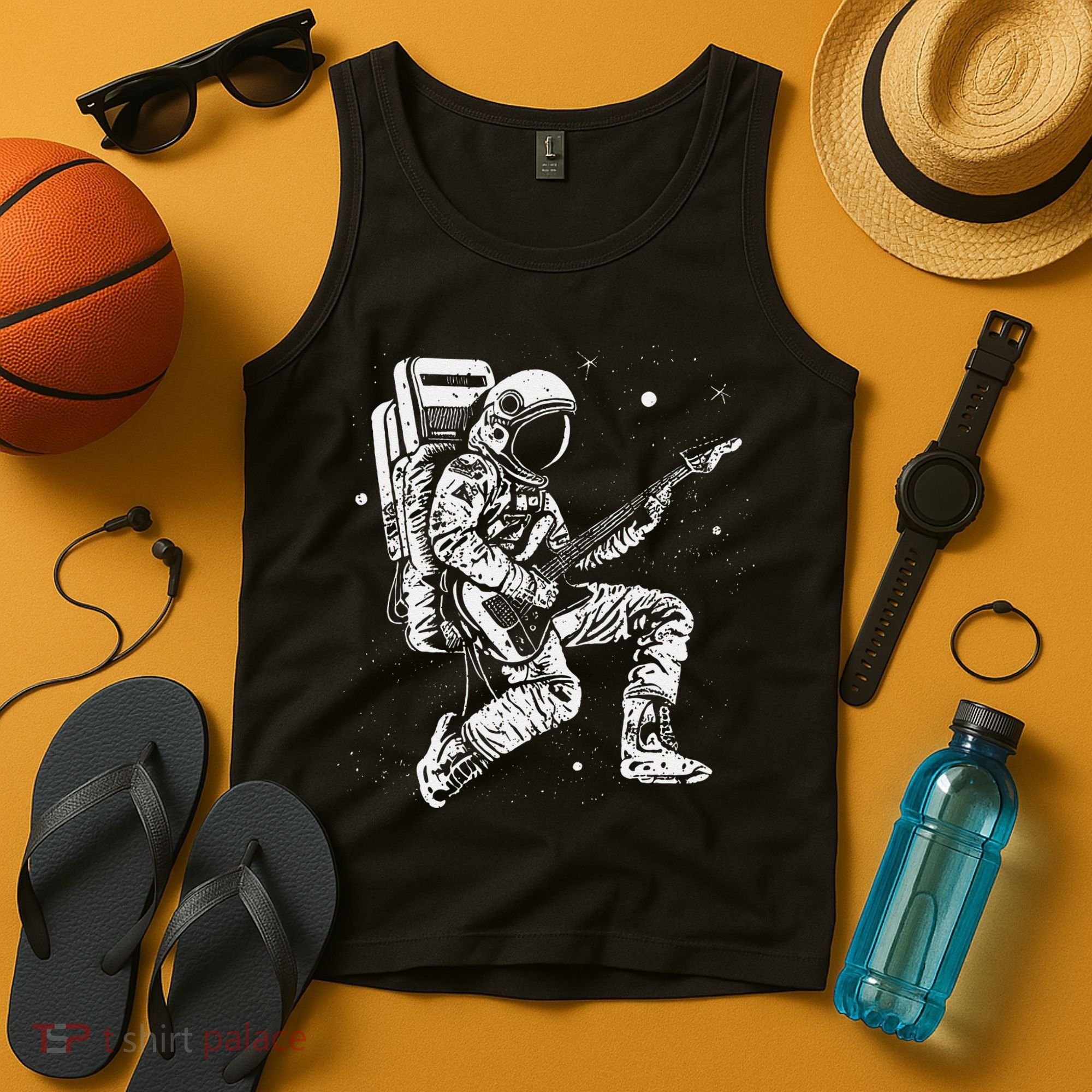 retro Astronaut playing electric guitar in space Tank Top