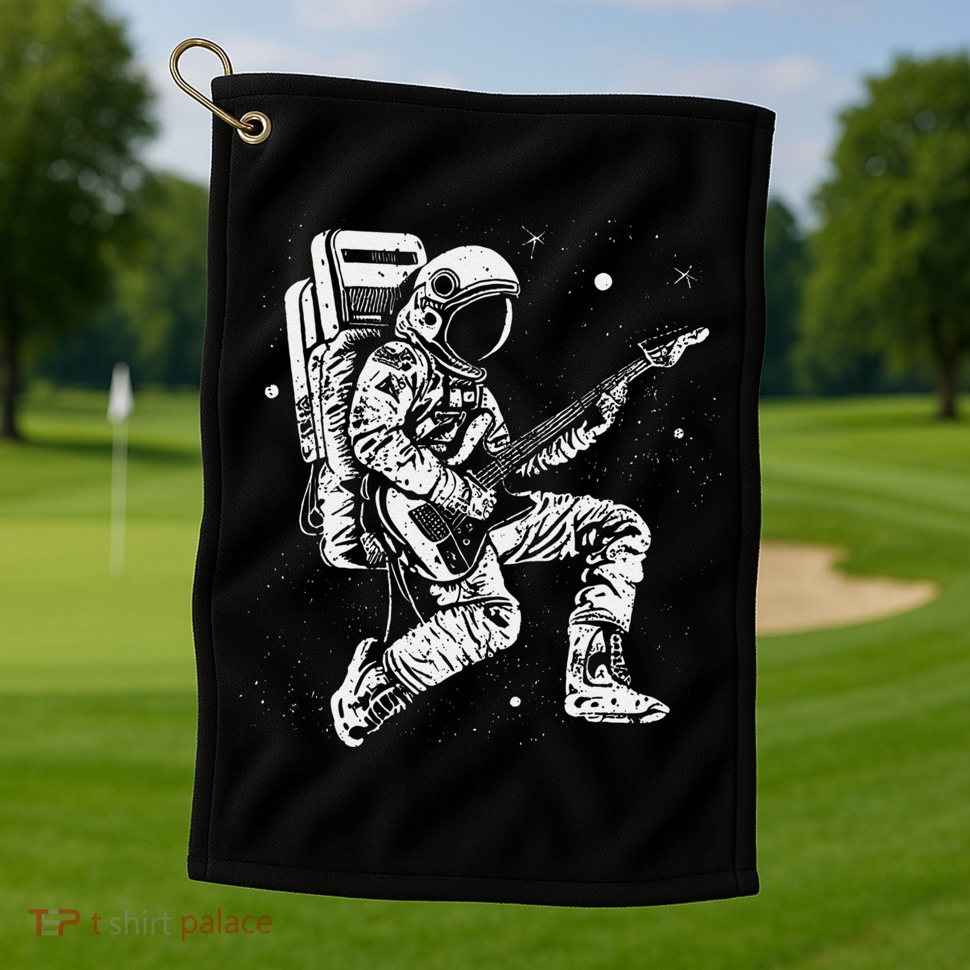 retro Astronaut playing electric guitar in space Golf Towel