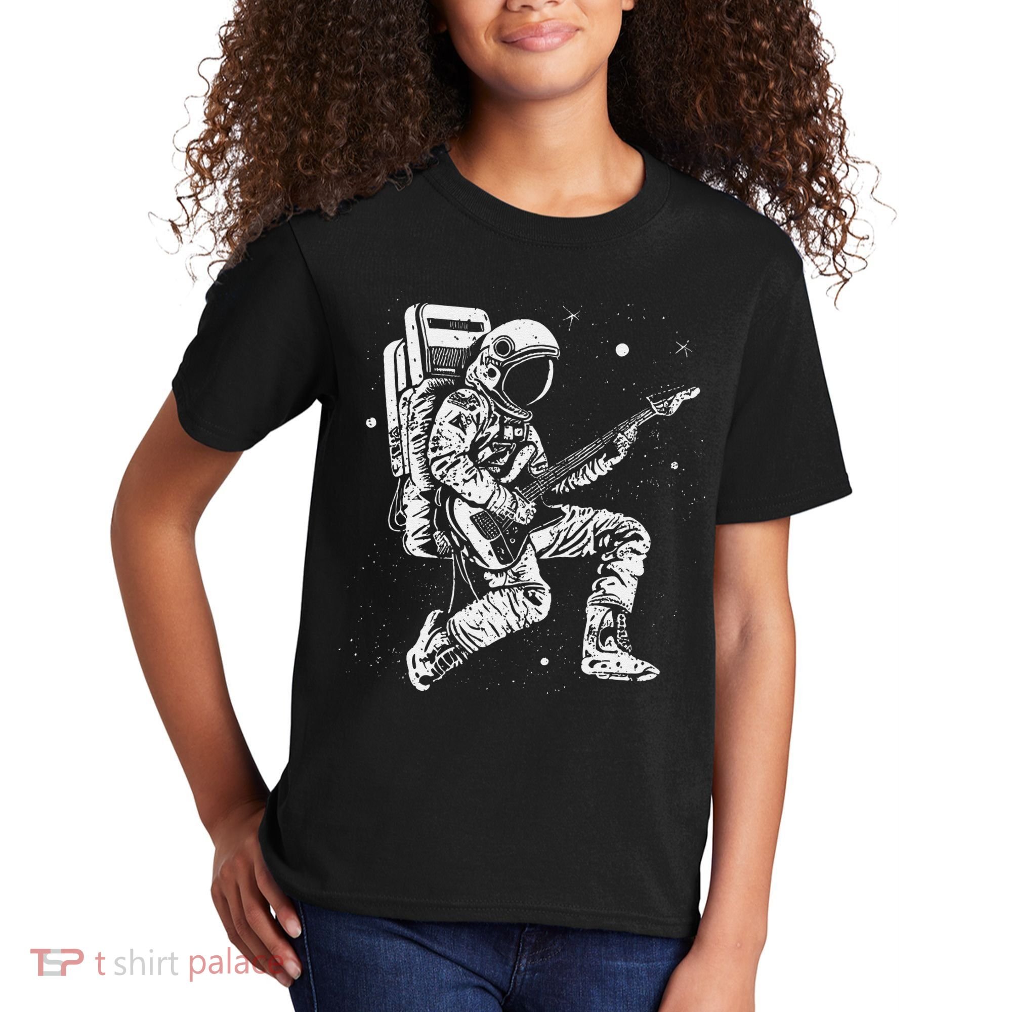 retro Astronaut playing electric guitar in space Kids T-Shirt
