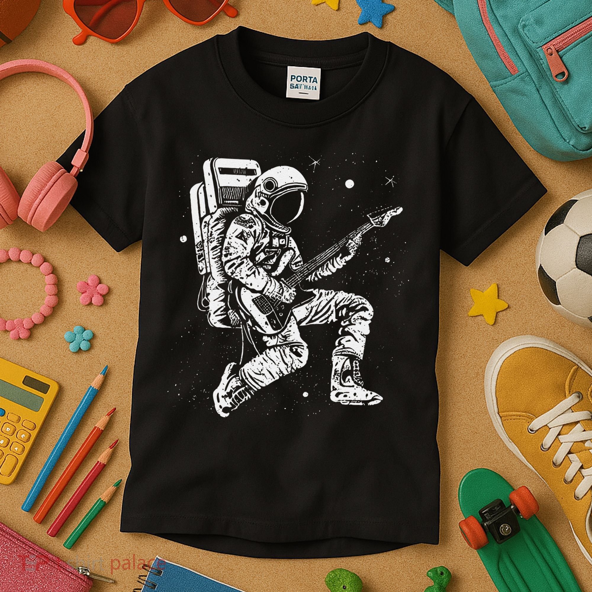 retro Astronaut playing electric guitar in space Kids T-Shirt