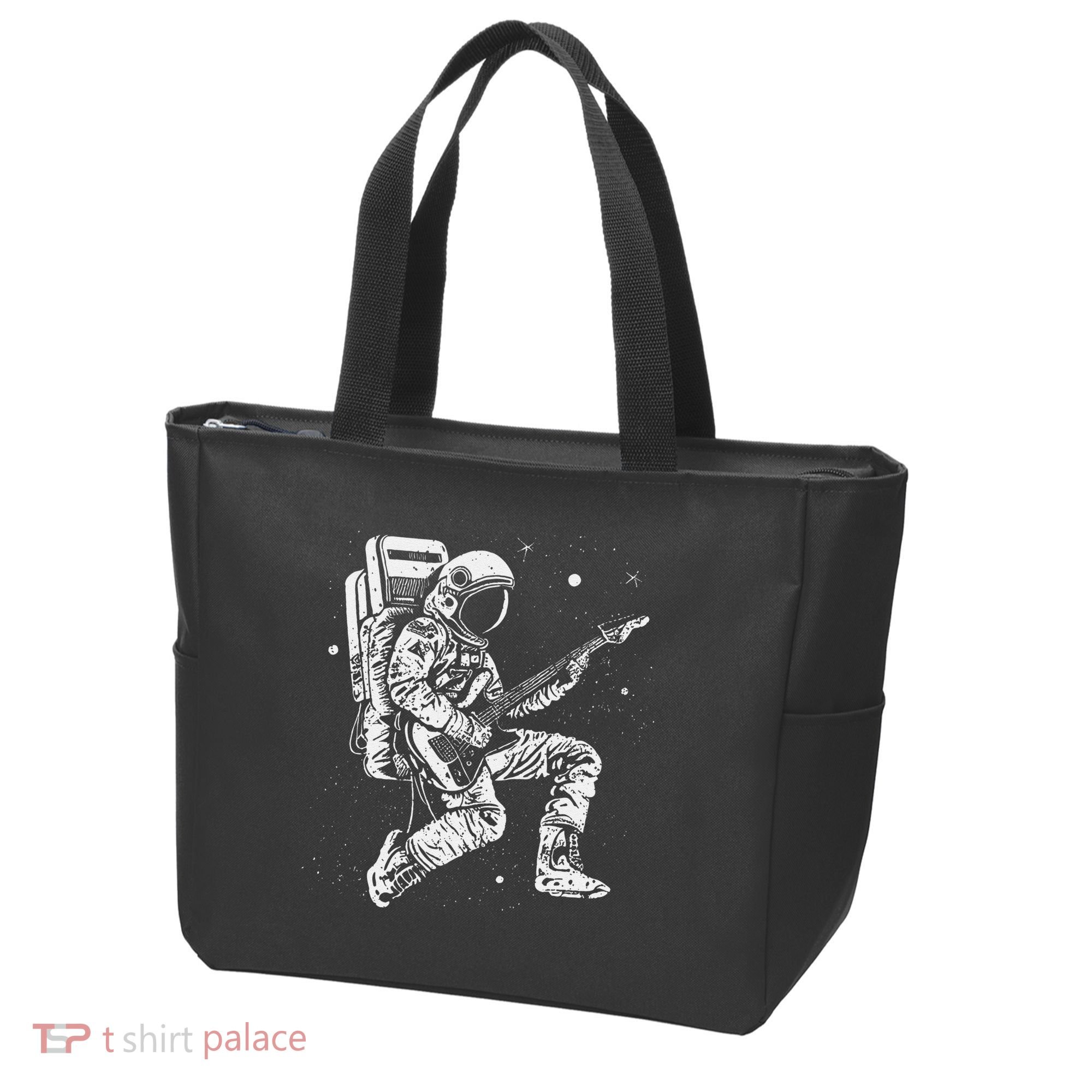 retro Astronaut playing electric guitar in space Tote Bag
