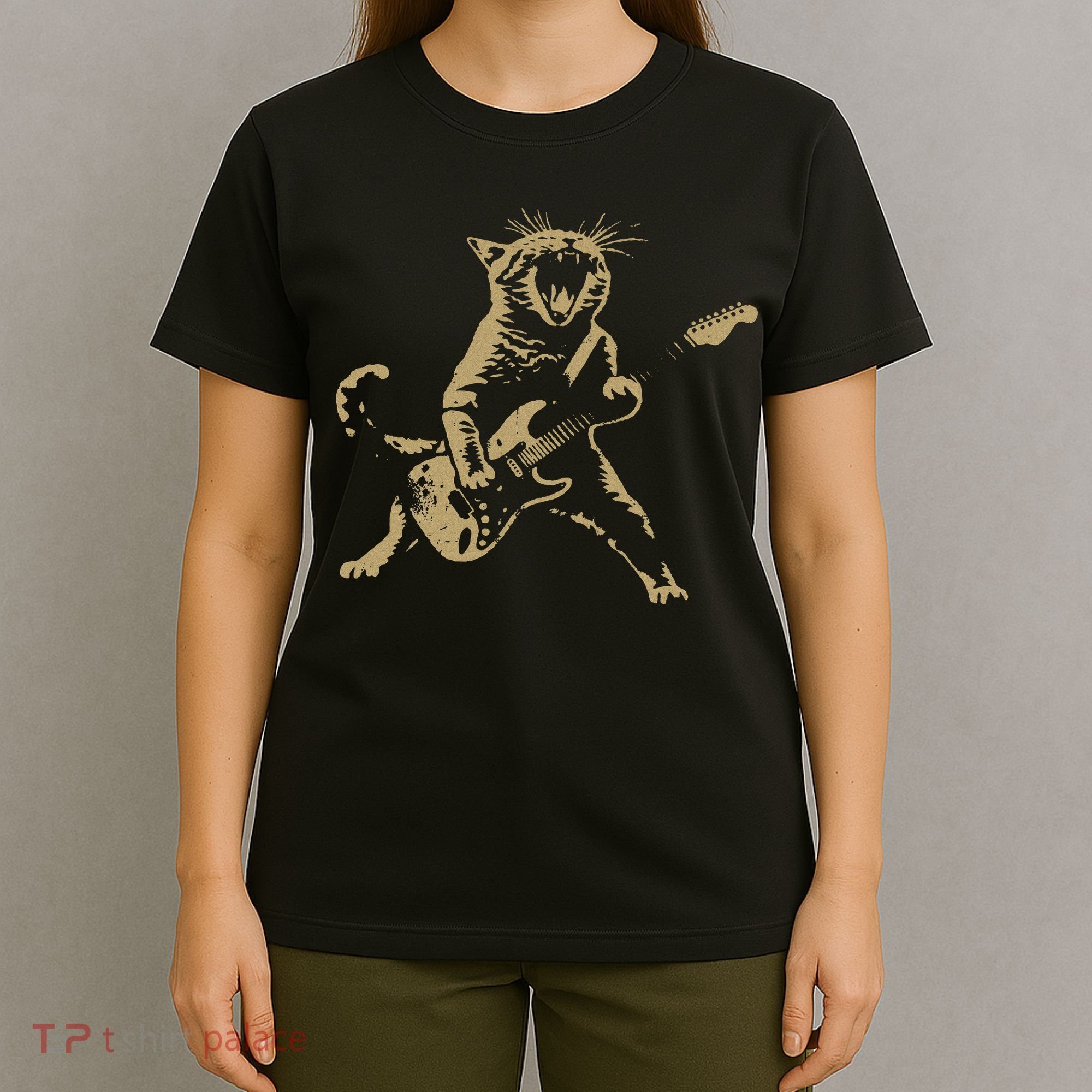 Rock And Roll Guitar Cat Funny Rockstar Cat Playing Guitar T-Shirt