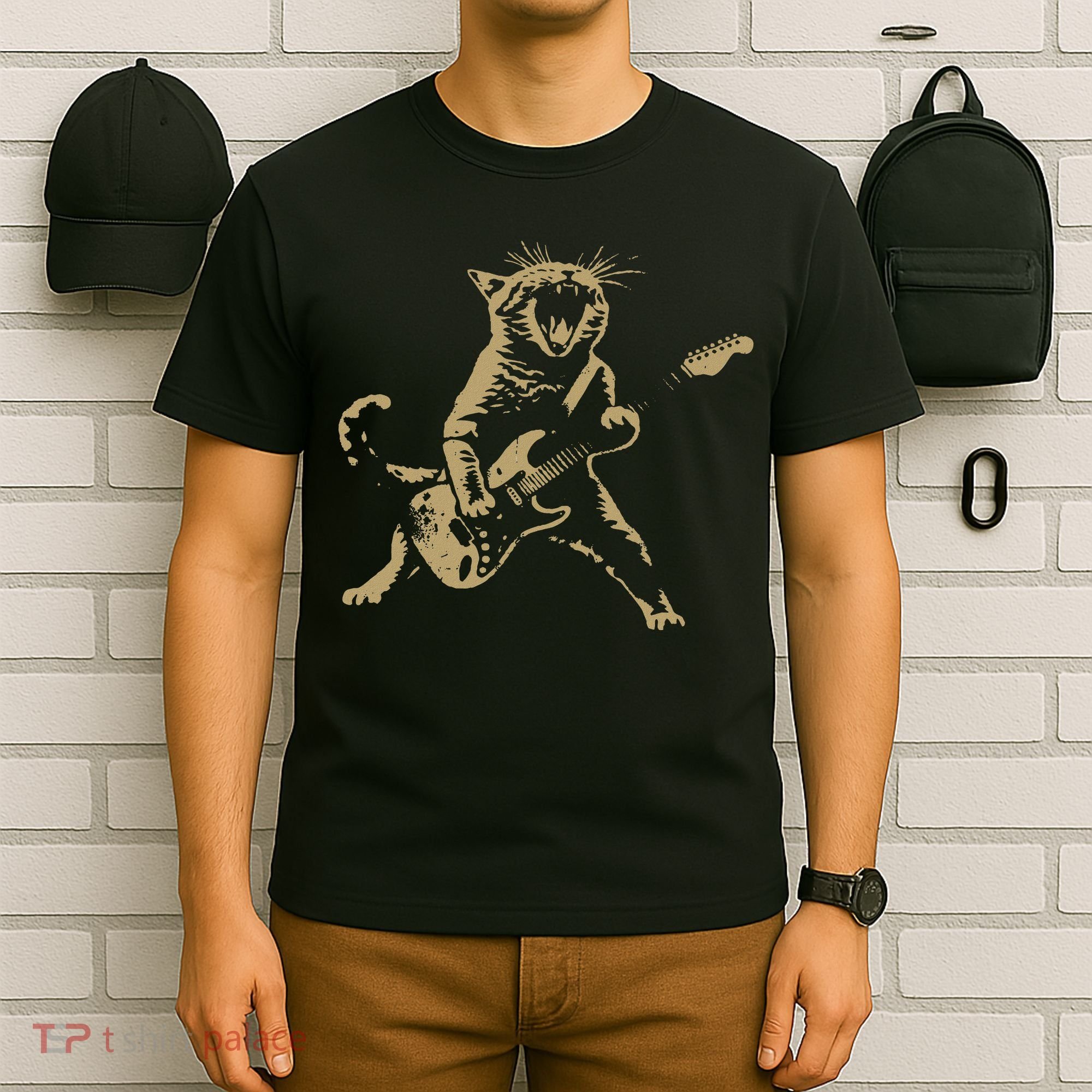 Rock And Roll Guitar Cat Funny Rockstar Cat Playing Guitar T-Shirt
