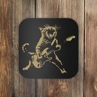 Rock And Roll Guitar Cat Funny Rockstar Cat Playing Guitar Coaster thumb 0