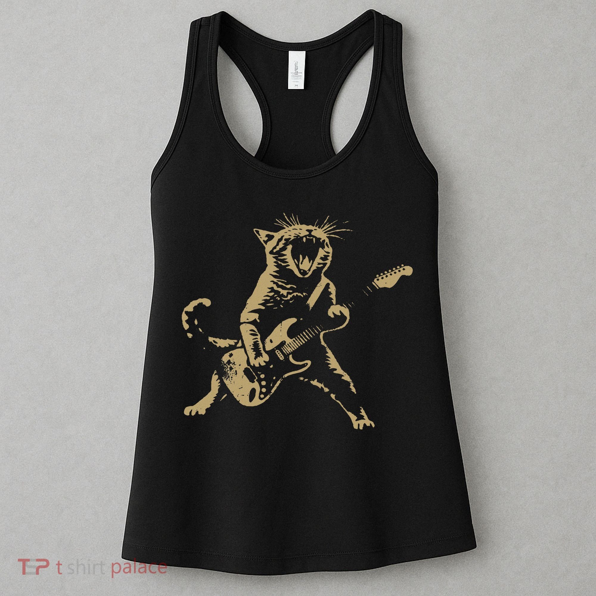 Rock And Roll Guitar Cat Funny Rockstar Cat Playing Guitar Women's Tank Top