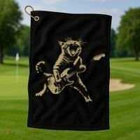 Rock And Roll Guitar Cat Funny Rockstar Cat Playing Guitar Golf Towel thumb 1