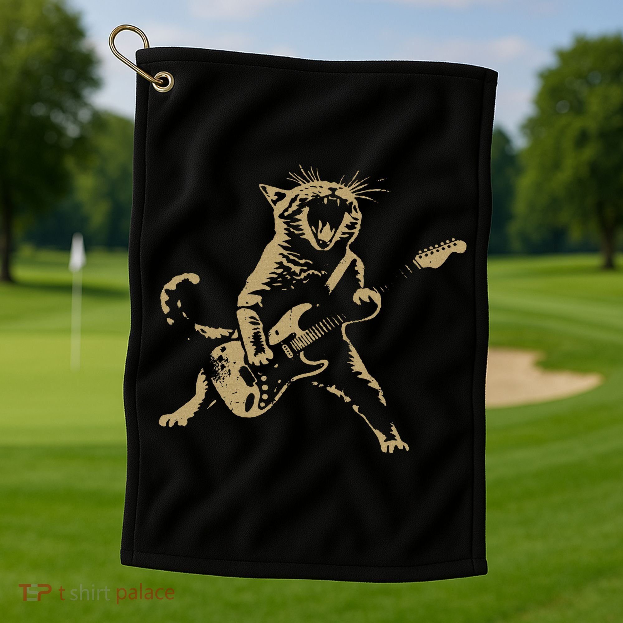 Rock And Roll Guitar Cat Funny Rockstar Cat Playing Guitar Golf Towel