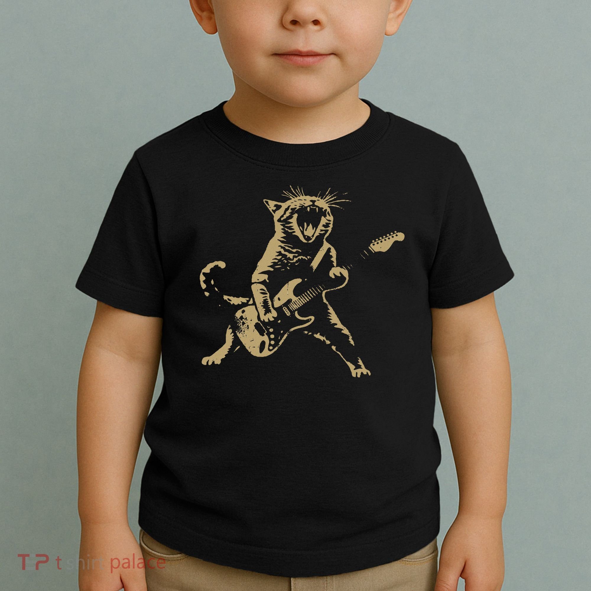Rock And Roll Guitar Cat Funny Rockstar Cat Playing Guitar Toddler T-Shirt