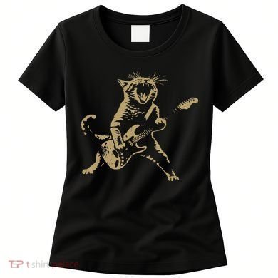 Rock And Roll Guitar Cat Funny Rockstar Cat Playing Guitar Women's T-Shirt