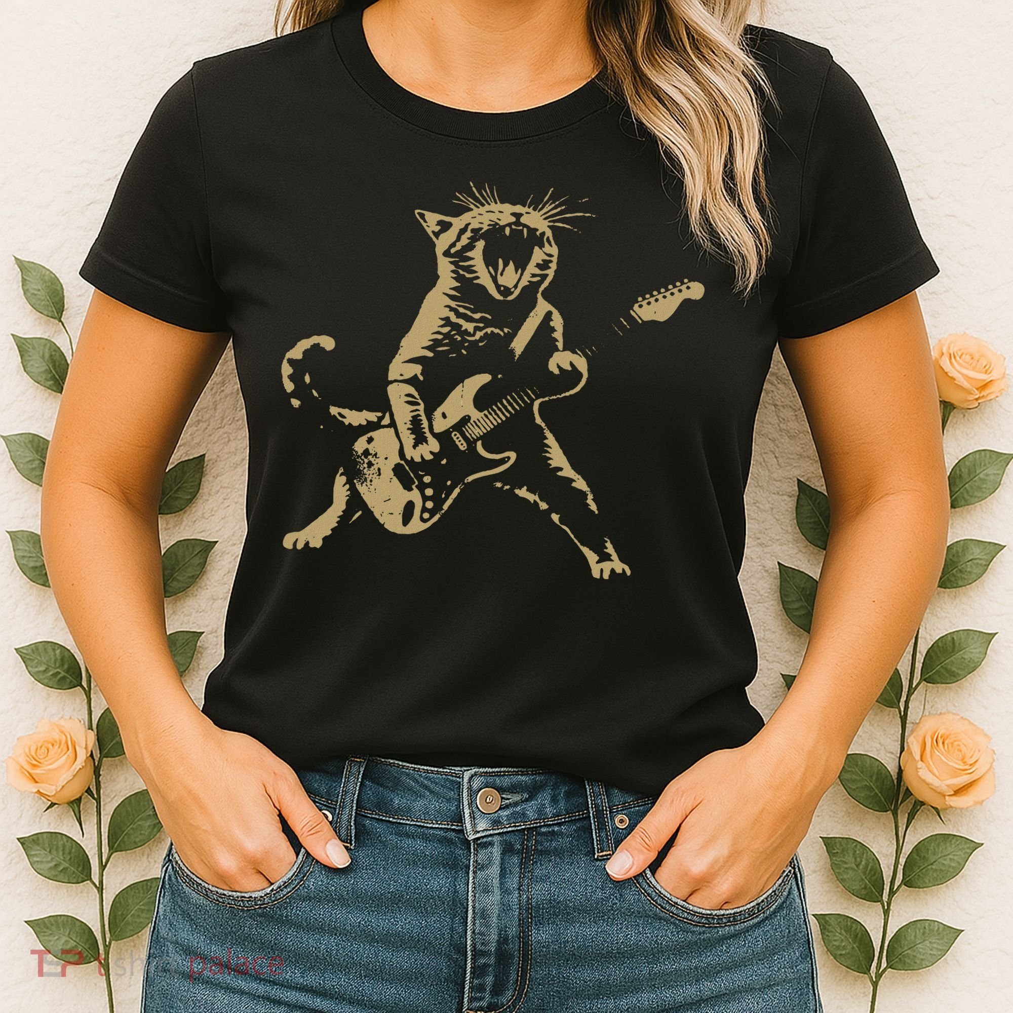 Rock And Roll Guitar Cat Funny Rockstar Cat Playing Guitar Women's T-Shirt