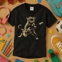 Rock And Roll Guitar Cat Funny Rockstar Cat Playing Guitar Kids T-Shirt thumb 3