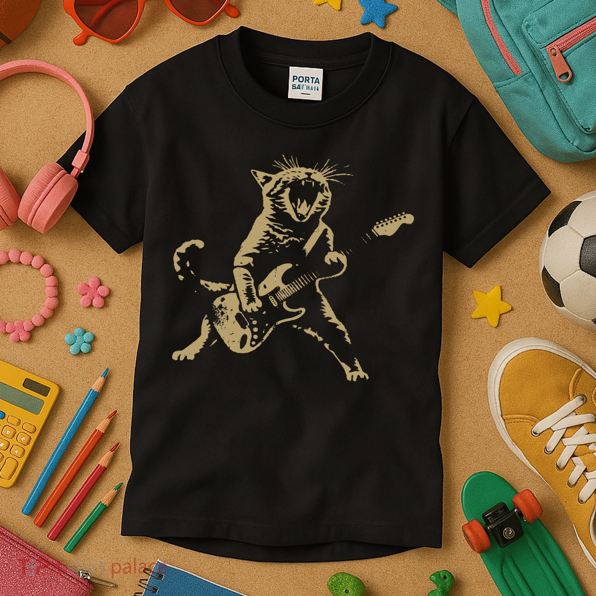 Rock And Roll Guitar Cat Funny Rockstar Cat Playing Guitar Kids T-Shirt