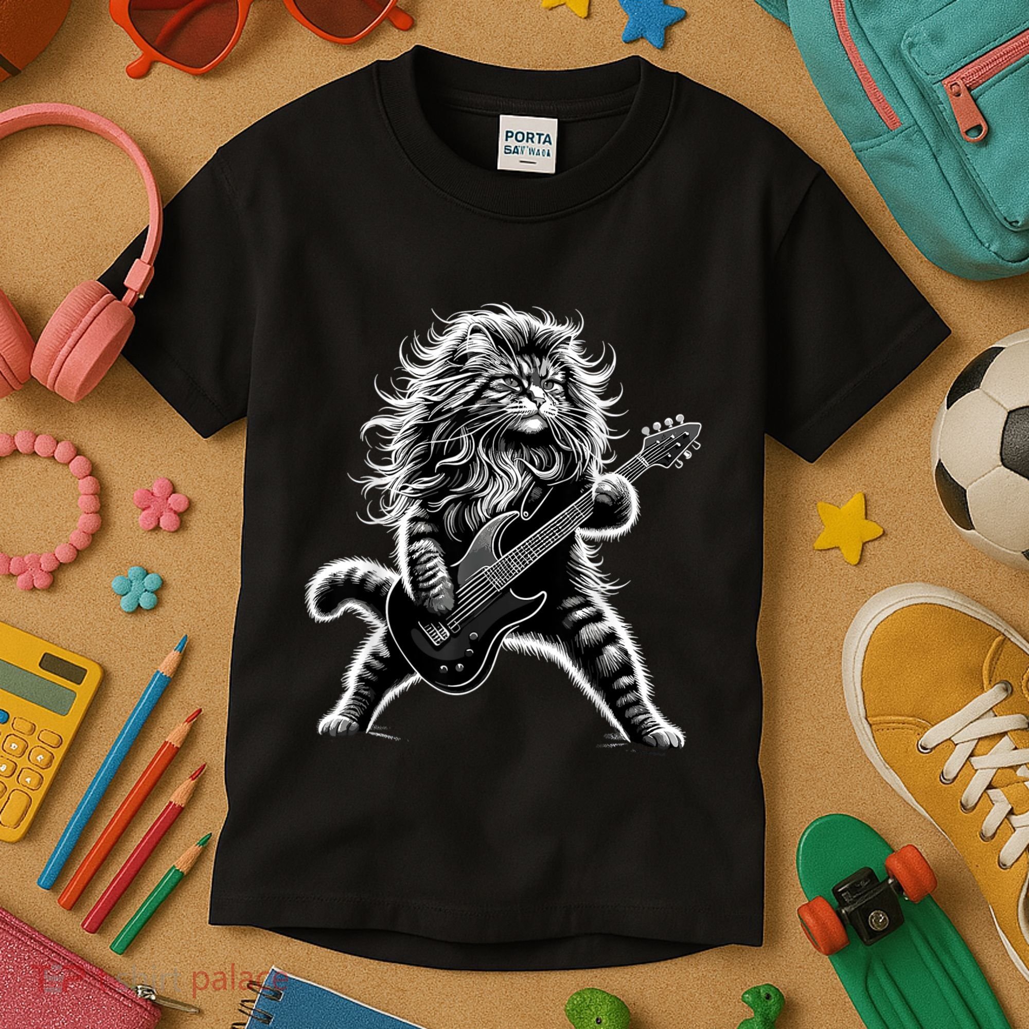 Rock And Roll Cat Playing Guitar Kids T-Shirt