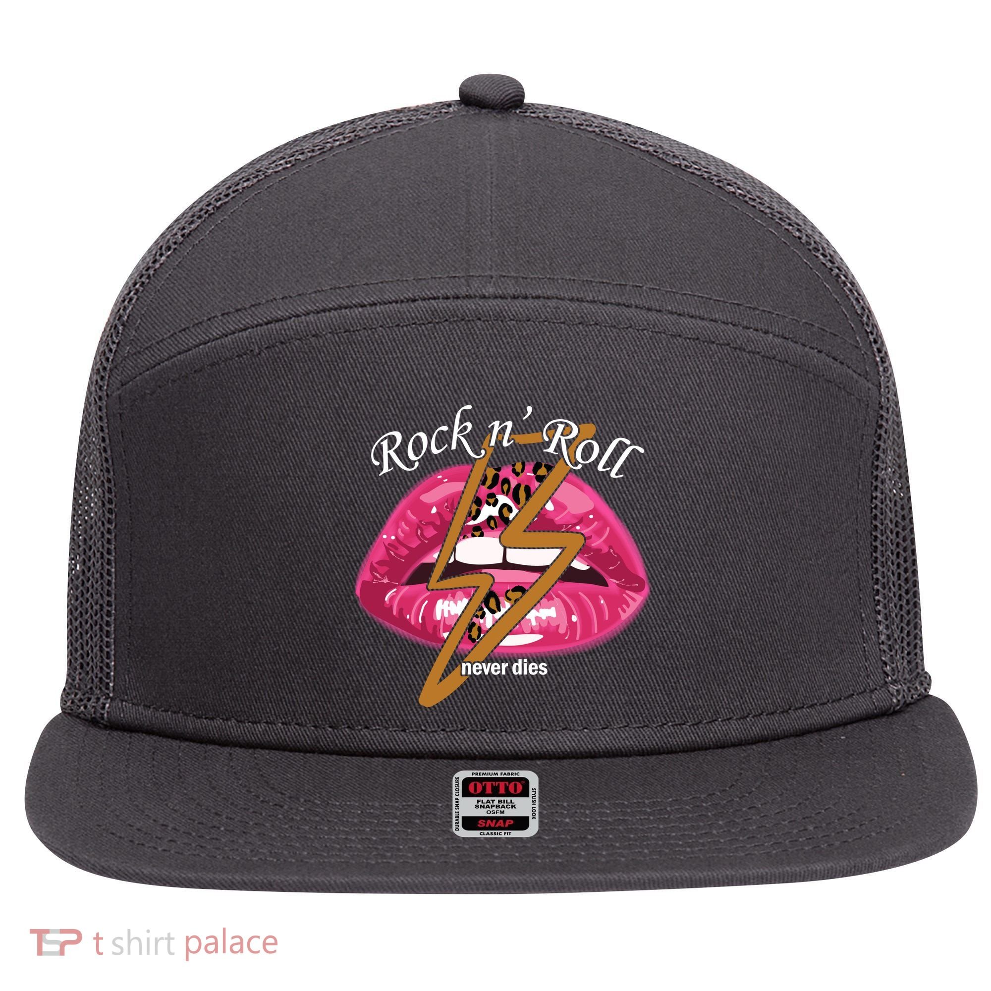 Rock And Roll Never Dies Lips 7 Panel Mesh Trucker Snapback Hat