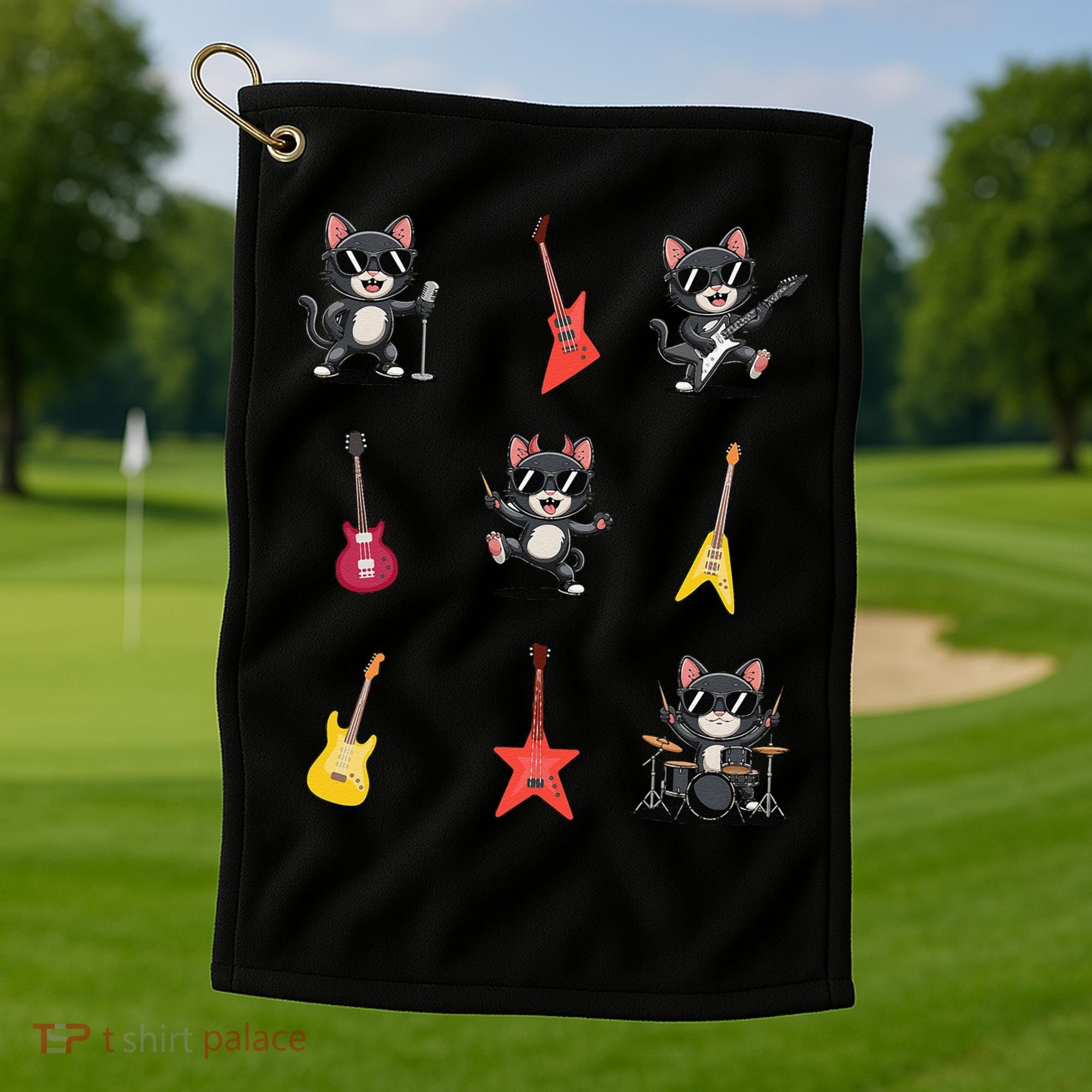 Rock And Roll Rock Cat Band Funny Cat Guitar Golf Towel