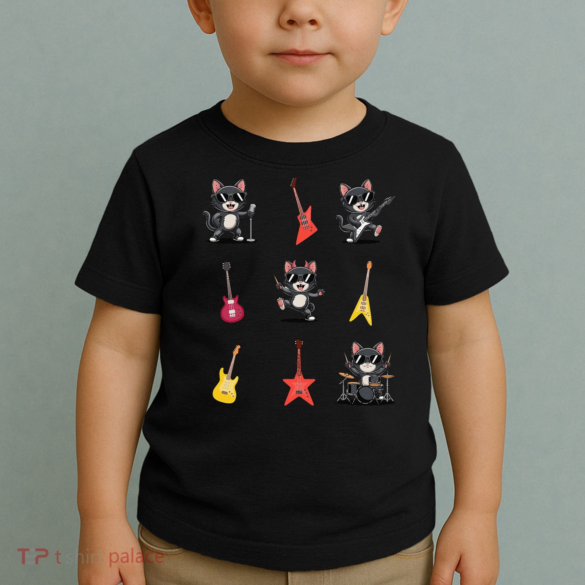 Rock And Roll Rock Cat Band Funny Cat Guitar Toddler T-Shirt
